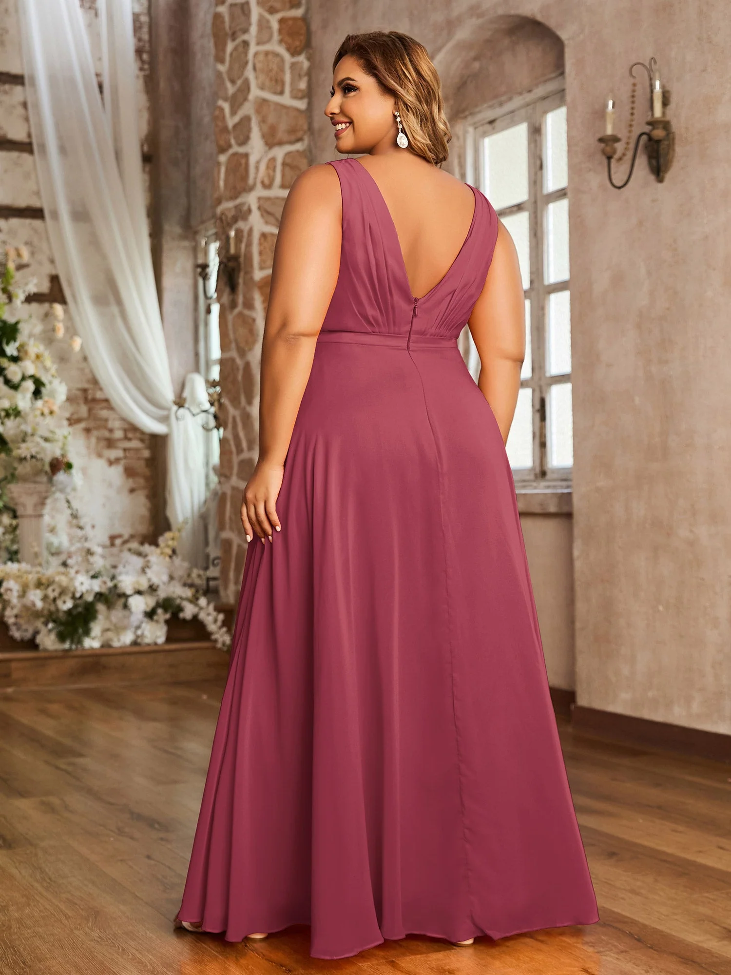 V-Ausschnitt Chiffon Brautjungfernkleid Zimtrose - Image 5