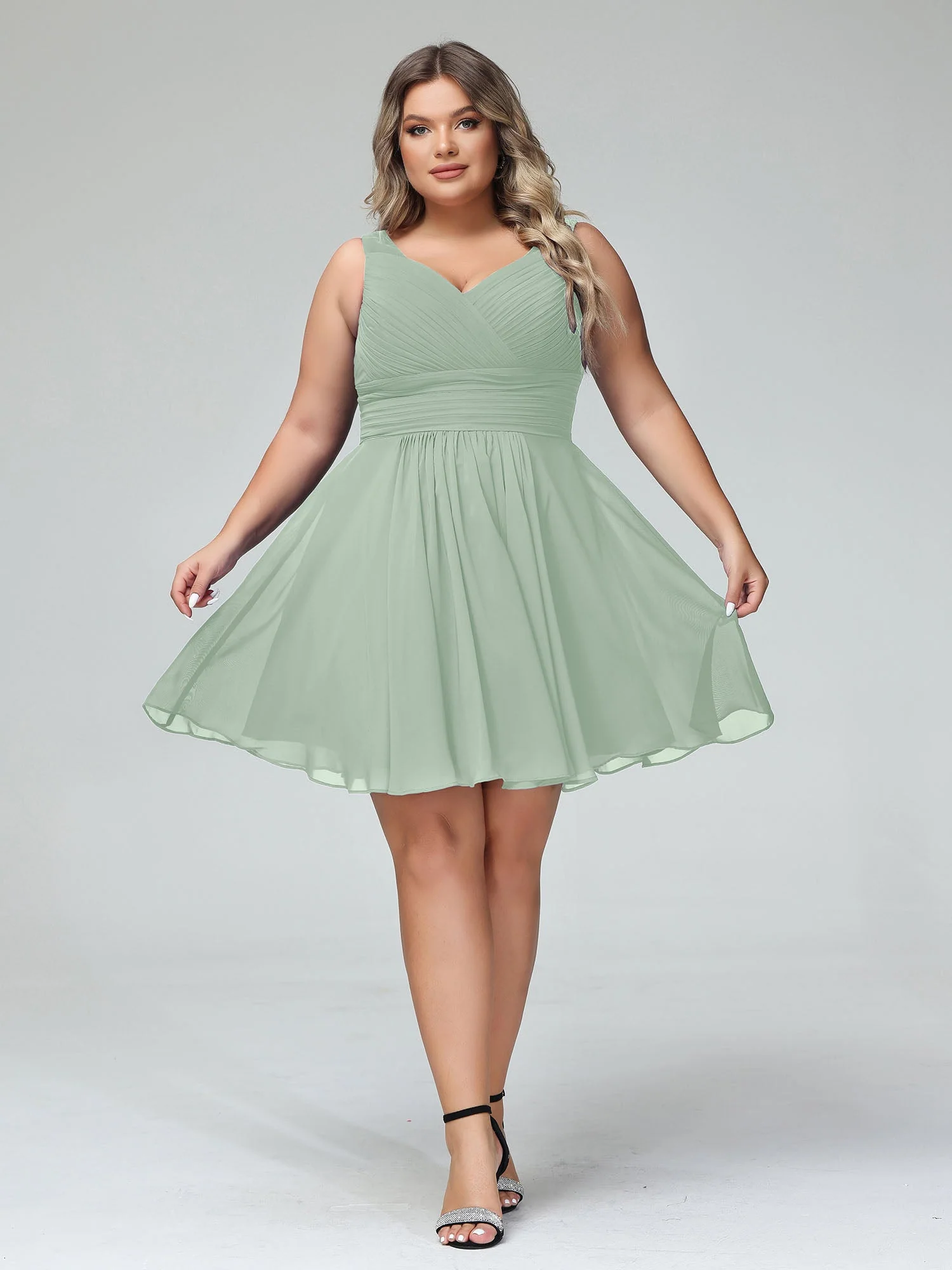 V-Ausschnitt Chiffon Kurz Brautjungfernkleider Agavengrün - Image 12