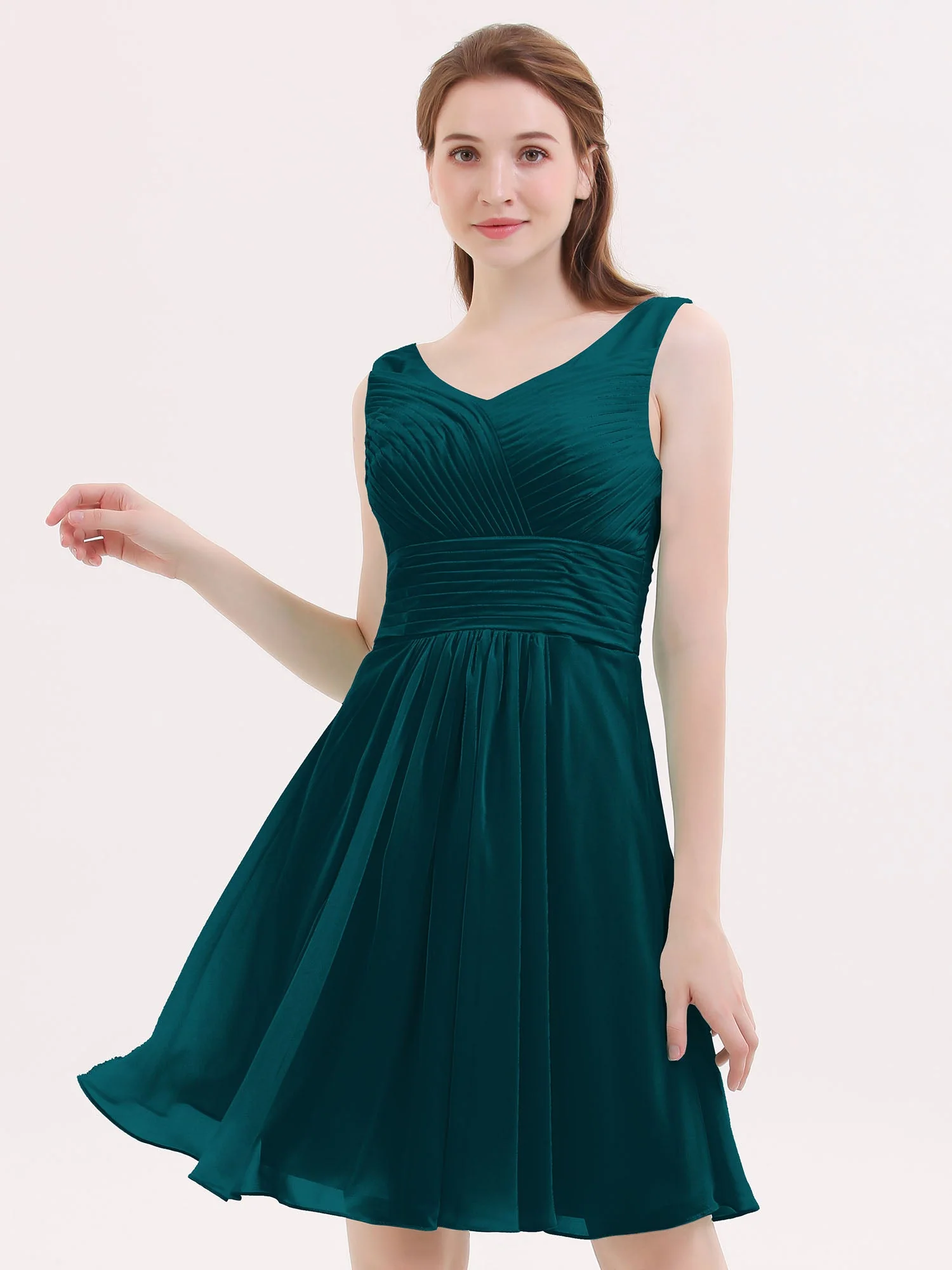 V-Ausschnitt Chiffon Kurz Brautjungfernkleider Kieferngrün