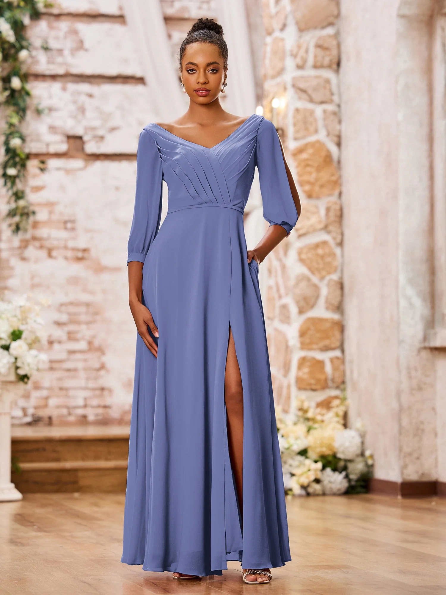 V-Ausschnitt-Chiffonkleider mit Schlitz und Halbärmeln Periwinkleblau