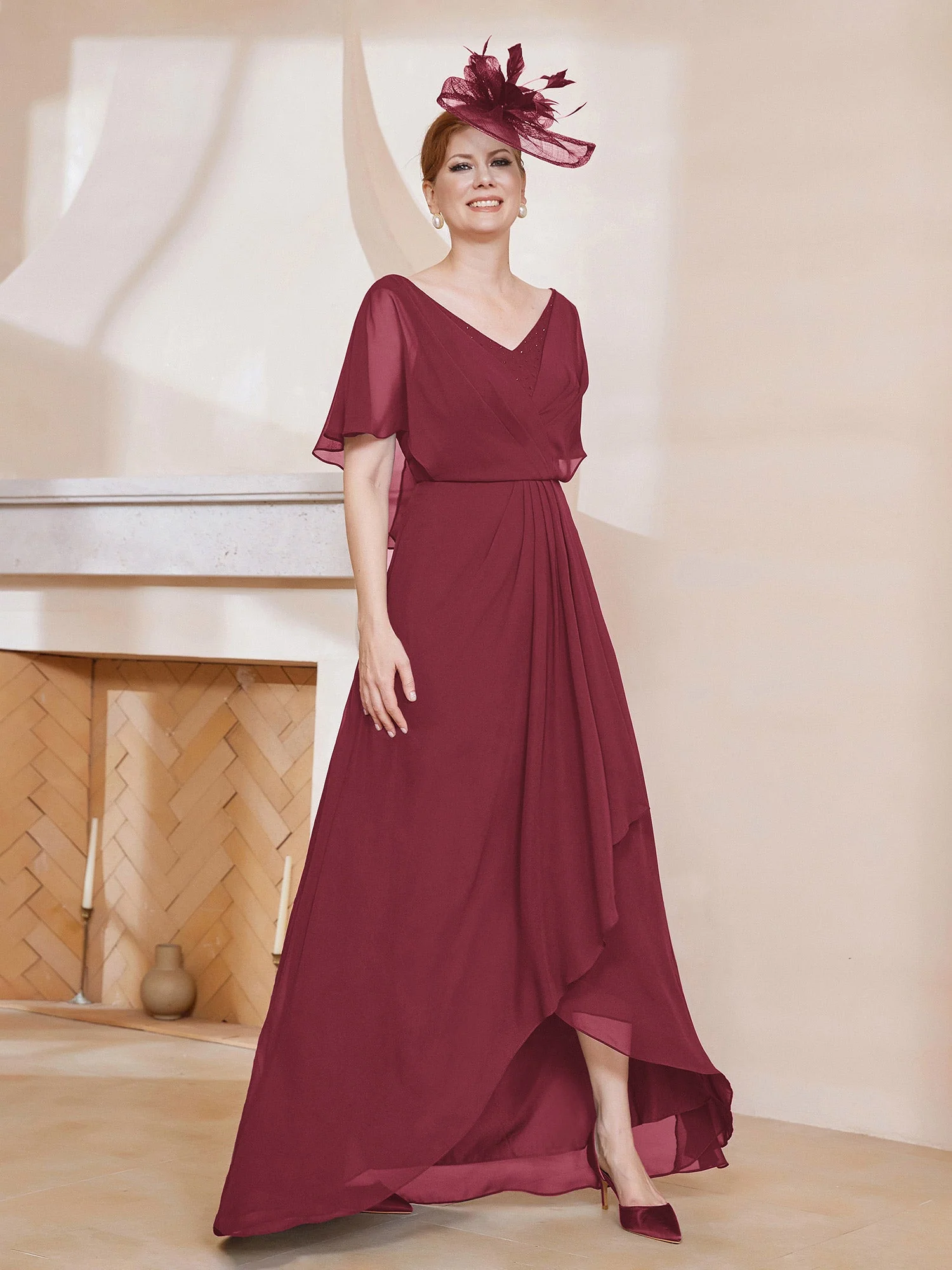 V-Ausschnitt Flatterärmel Rüschen Asymmetrisch Kleid Zimtrose Übergröße