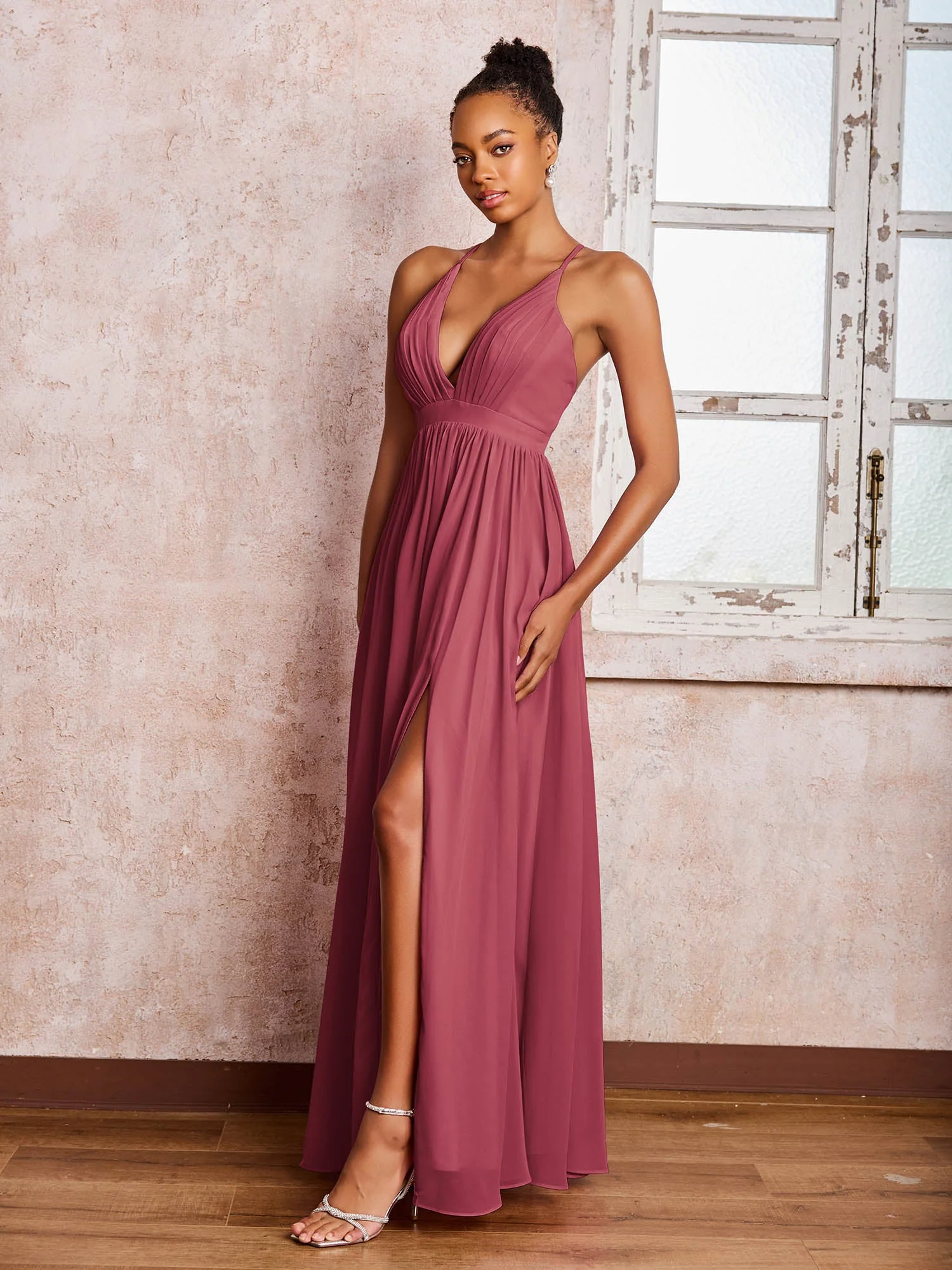 V-Ausschnitt Gekreuzte Träger Rüschen Chiffon Kleider mit Schlitz Zimtrose - Image 3
