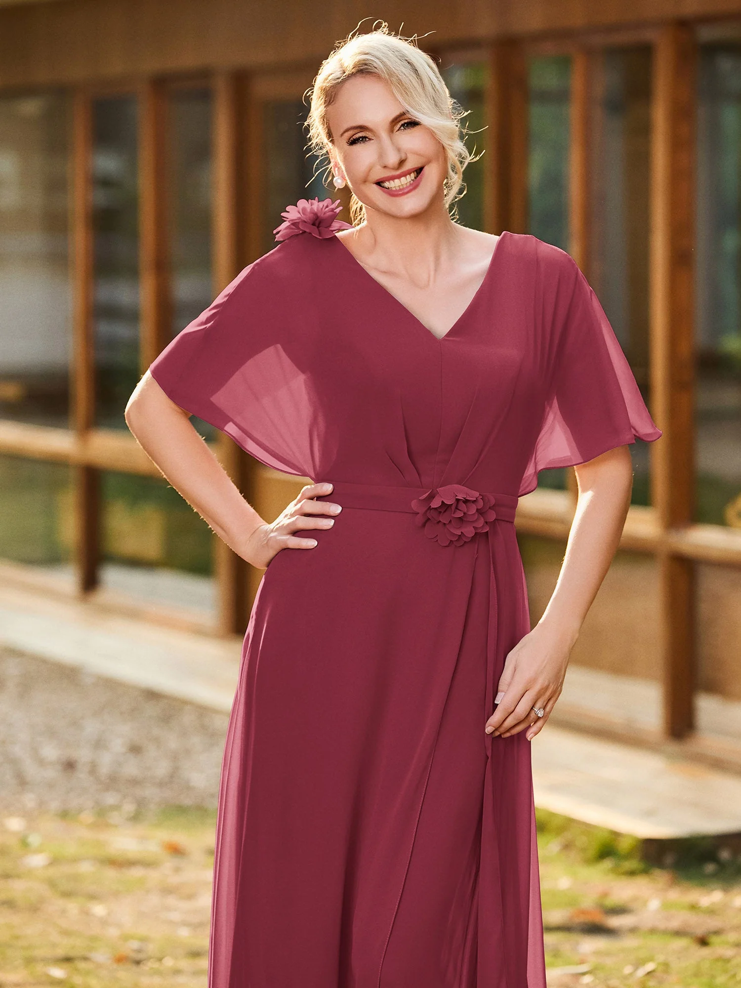 V-Ausschnitt Kurzarm Blumen Applikationen Chiffon Jumpsuit Zimtrose