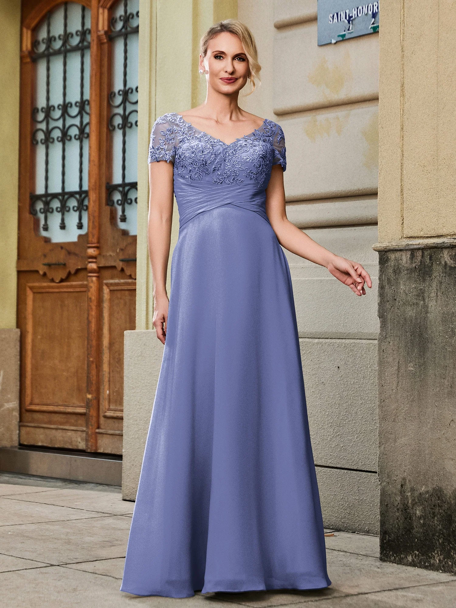 V-Ausschnitt Kurzarm Spitze Plissee Lang Empire Kleid Periwinkleblau