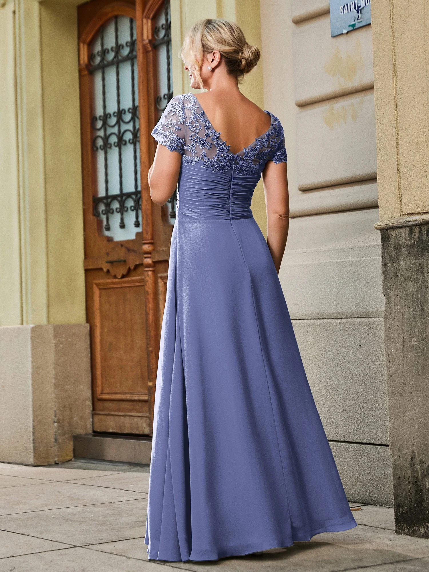 V-Ausschnitt Kurzarm Spitze Plissee Lang Empire Kleid Periwinkleblau - Image 2