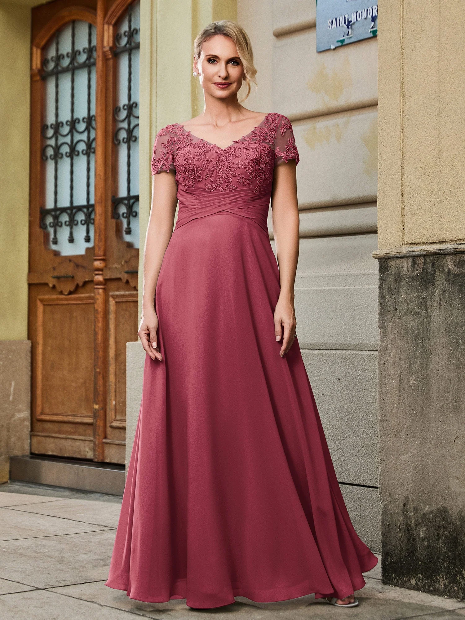 V-Ausschnitt Kurzarm Spitze Plissee Lang Empire Kleid Zimtrose - Image 3
