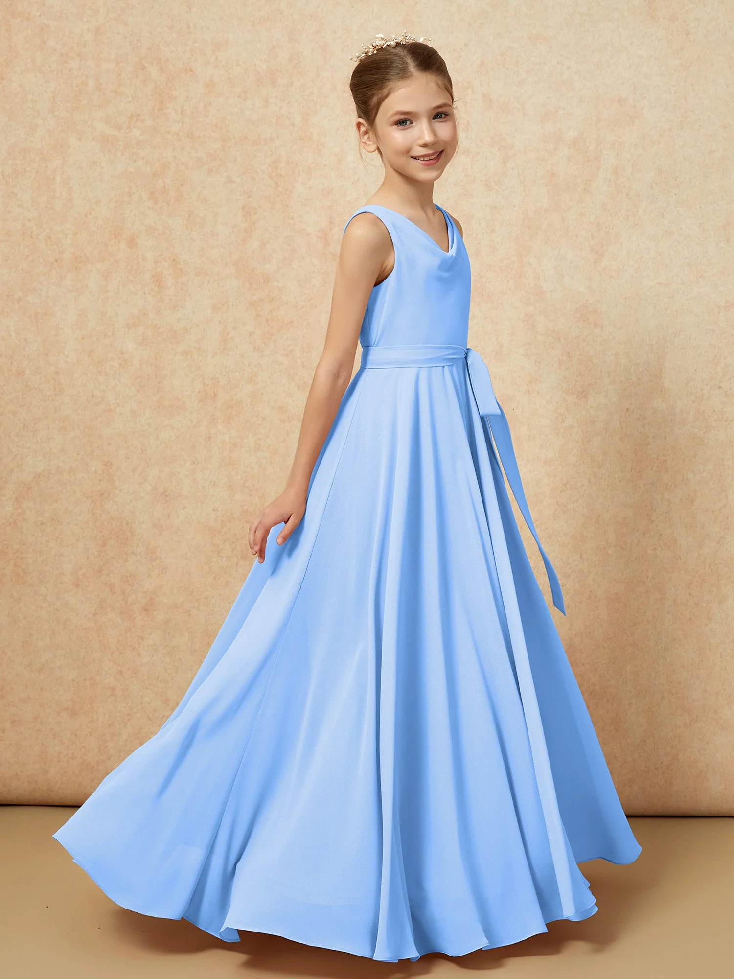 V-Ausschnitt Lang Chiffon Junge Brautjungfernkleider mit Gürtel Blau - Image 3