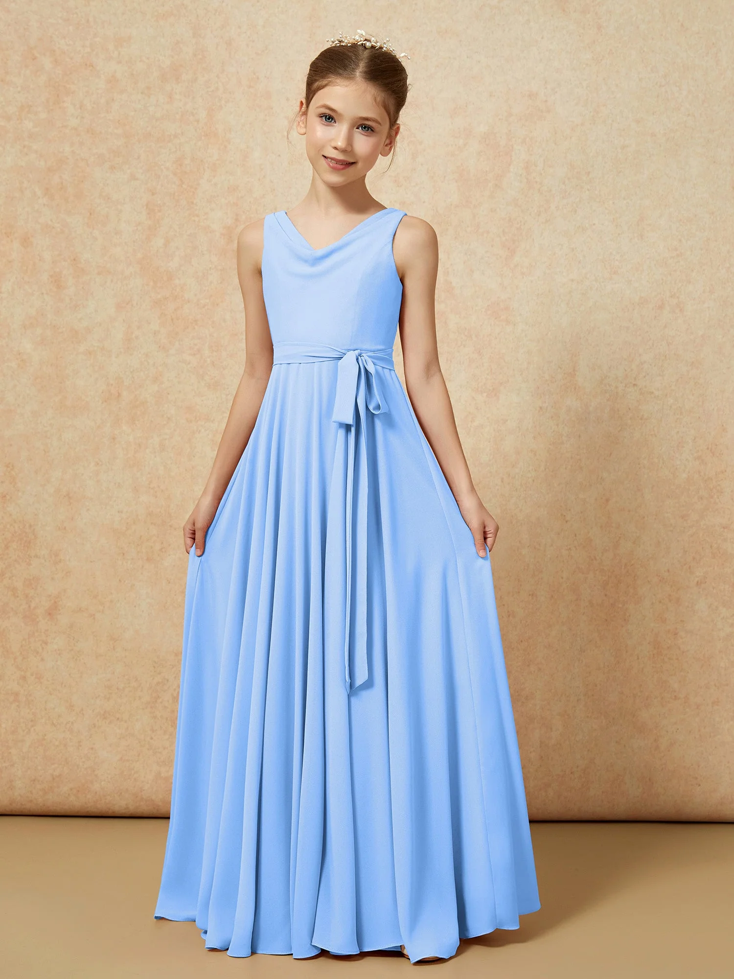 V-Ausschnitt Lang Chiffon Junge Brautjungfernkleider mit Gürtel Blau - Image 5
