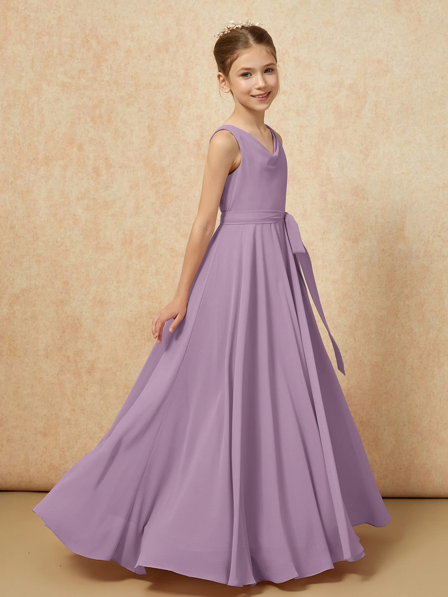 V-Ausschnitt Lang Chiffon Junge Brautjungfernkleider mit Gürtel Blauregen - Image 3