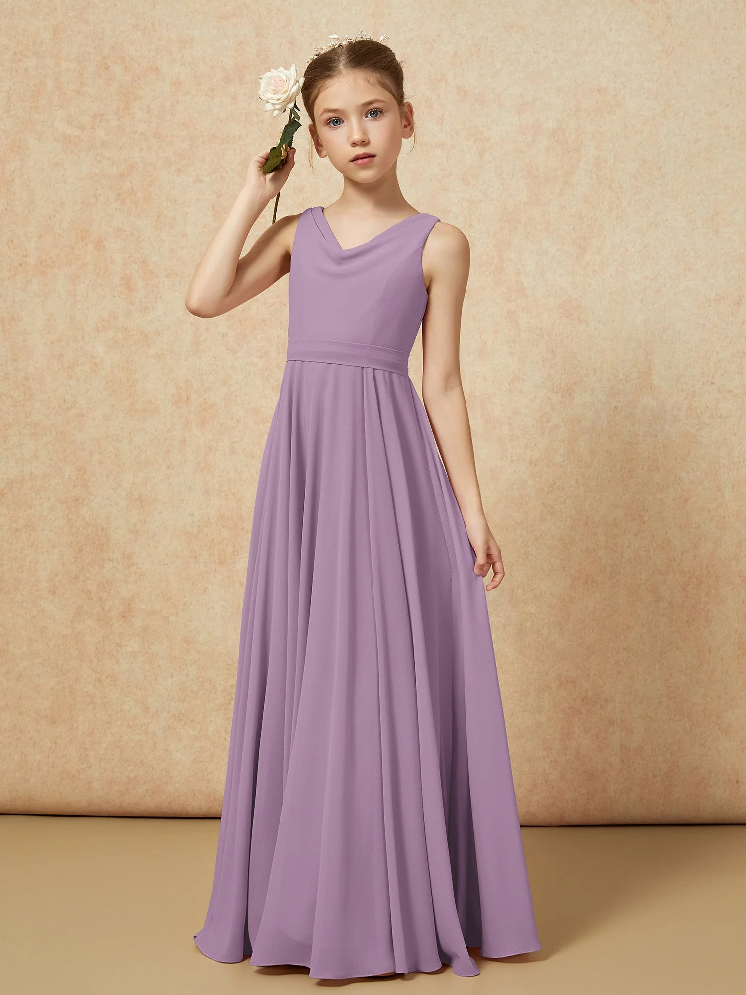 V-Ausschnitt Lang Chiffon Junge Brautjungfernkleider mit Gürtel Blauregen - Image 4