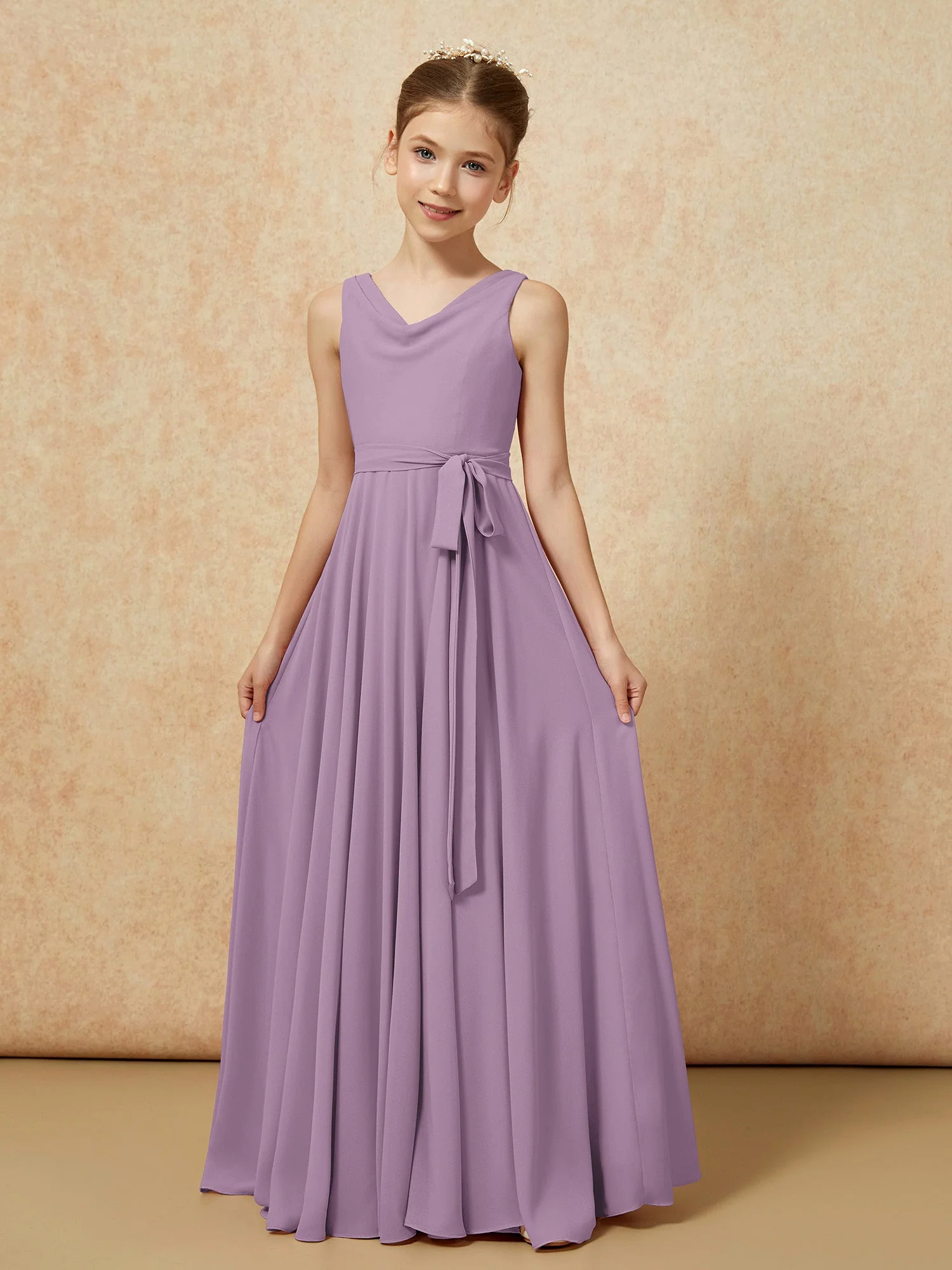 V-Ausschnitt Lang Chiffon Junge Brautjungfernkleider mit Gürtel Blauregen - Image 5