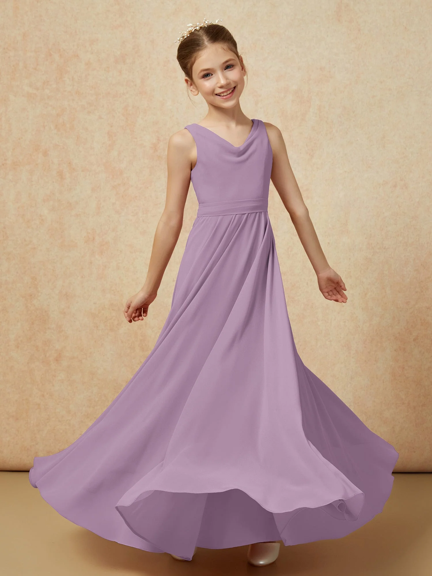V-Ausschnitt Lang Chiffon Junge Brautjungfernkleider mit Gürtel Blauregen - Image 6