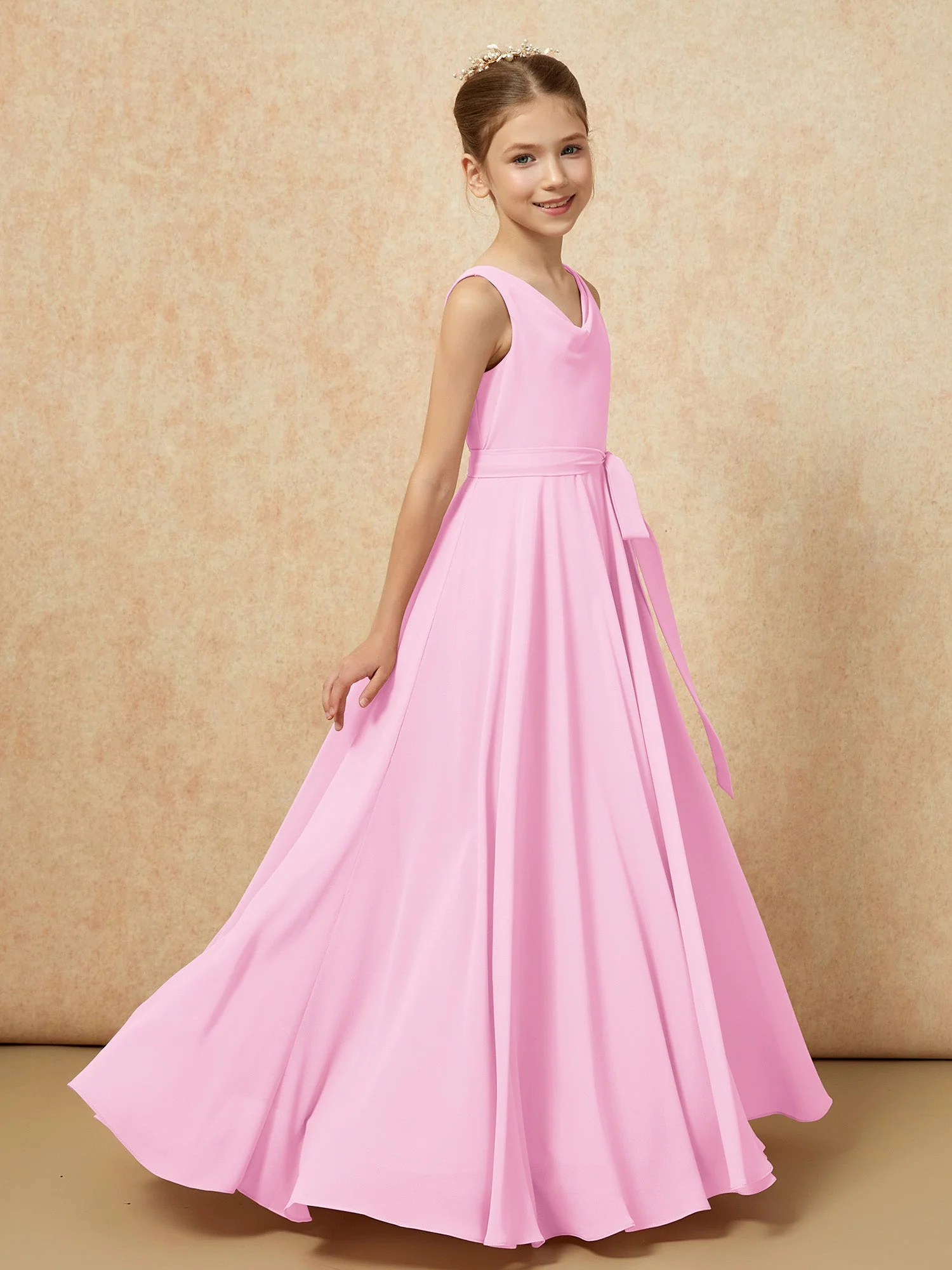 V-Ausschnitt Lang Chiffon Junge Brautjungfernkleider mit Gürtel Bonbonrosa - Image 3
