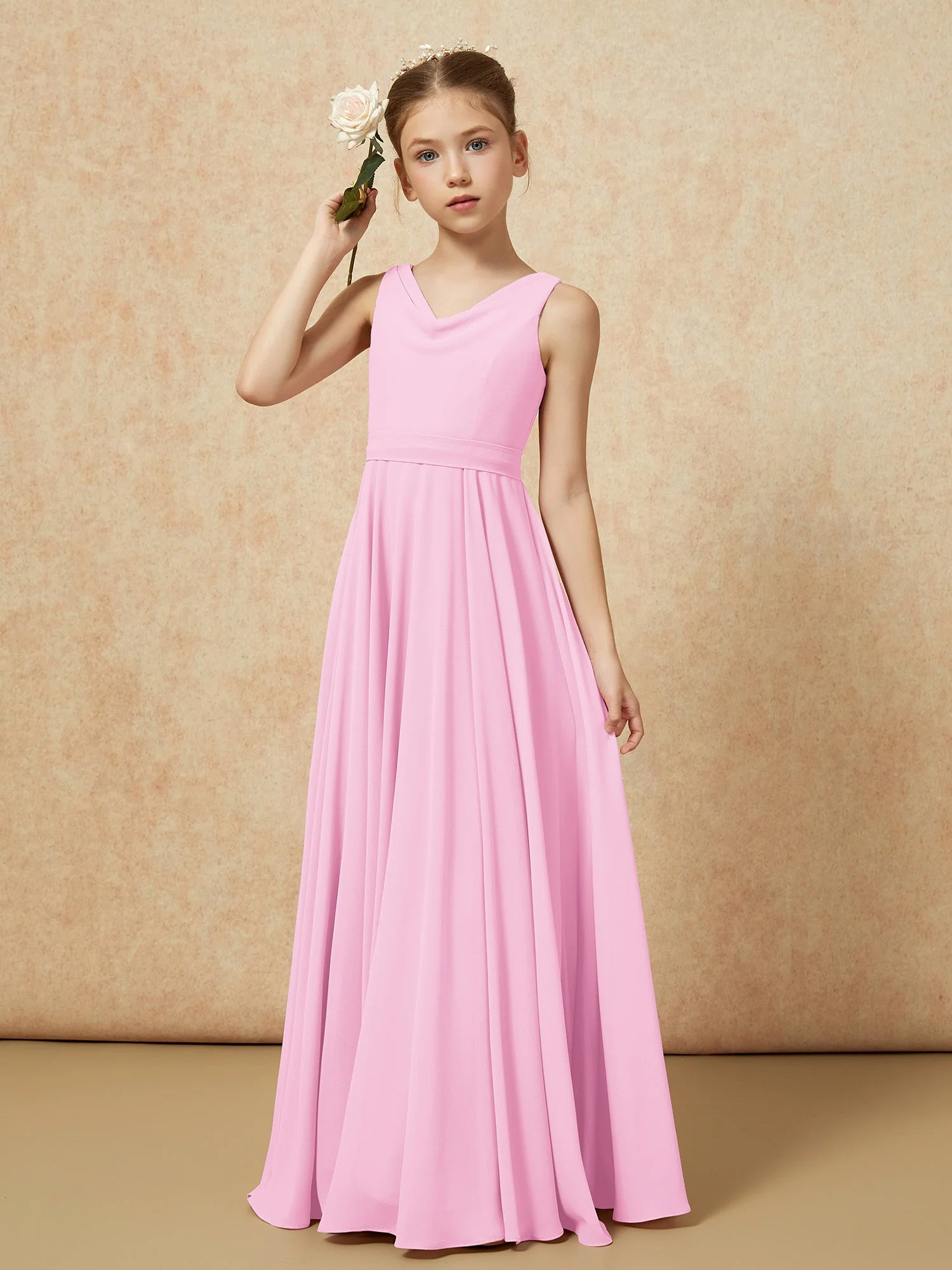 V-Ausschnitt Lang Chiffon Junge Brautjungfernkleider mit Gürtel Bonbonrosa - Image 4