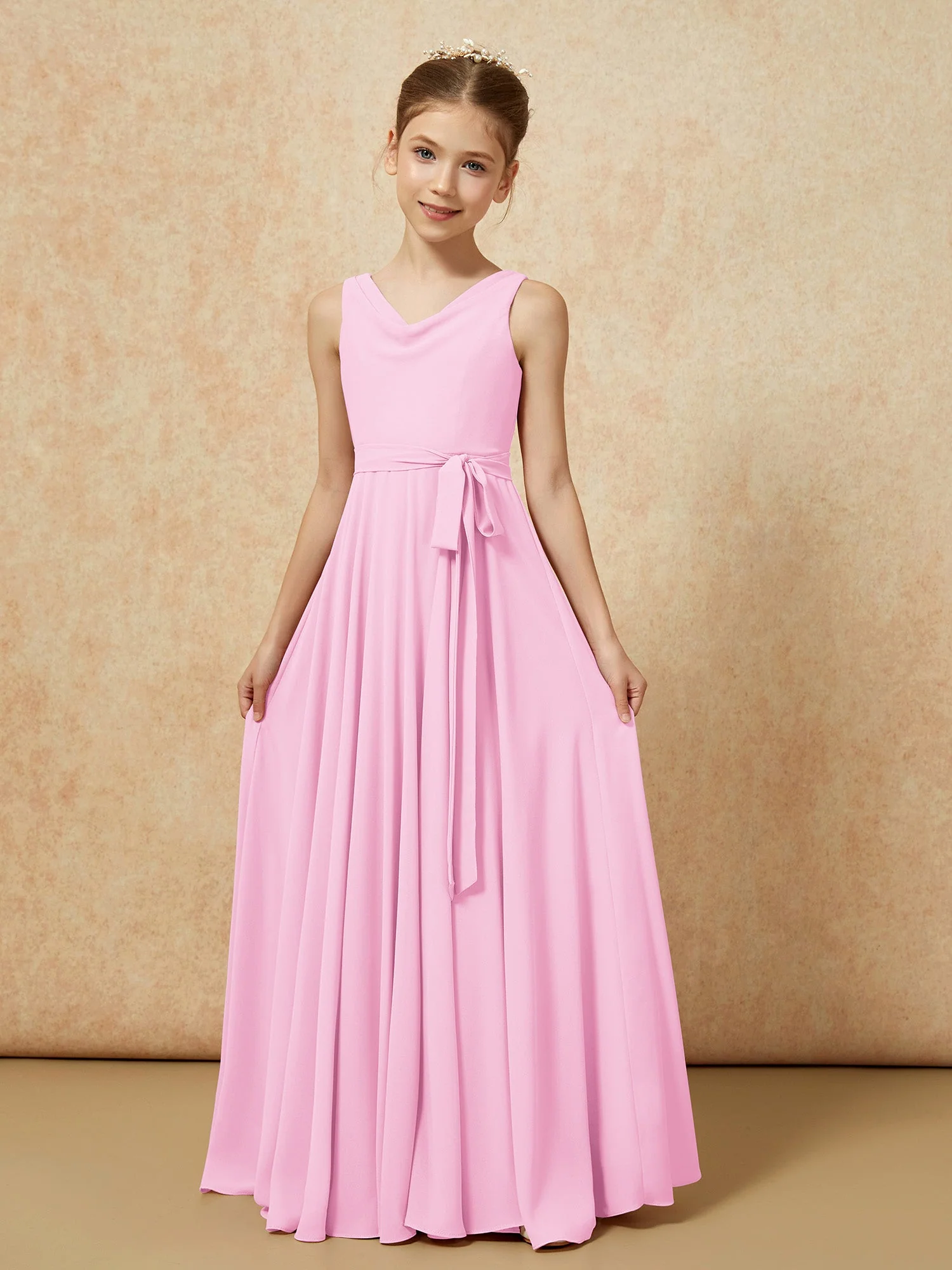 V-Ausschnitt Lang Chiffon Junge Brautjungfernkleider mit Gürtel Bonbonrosa - Image 5