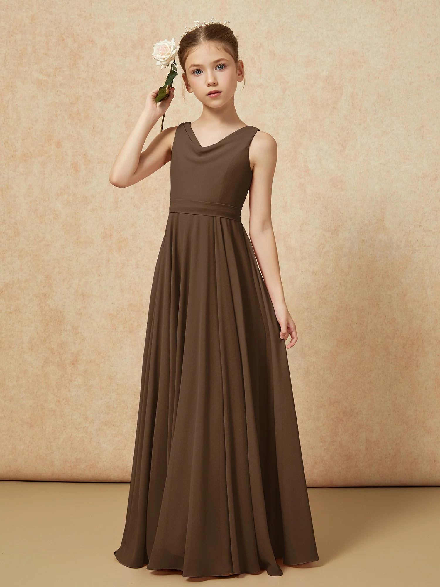 V-Ausschnitt Lang Chiffon Junge Brautjungfernkleider mit Gürtel Braun - Image 4