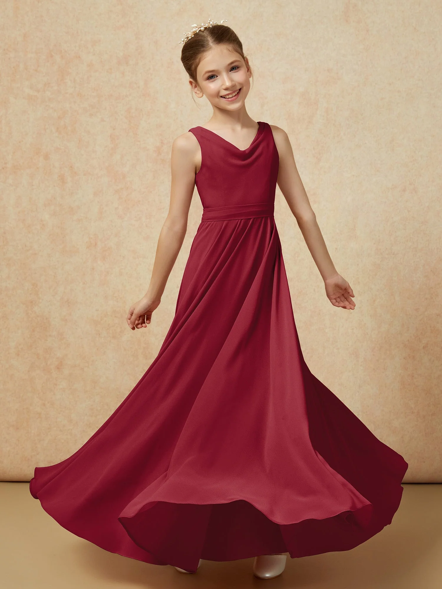 V-Ausschnitt Lang Chiffon Junge Brautjungfernkleider mit Gürtel Burgunderrot - Image 6