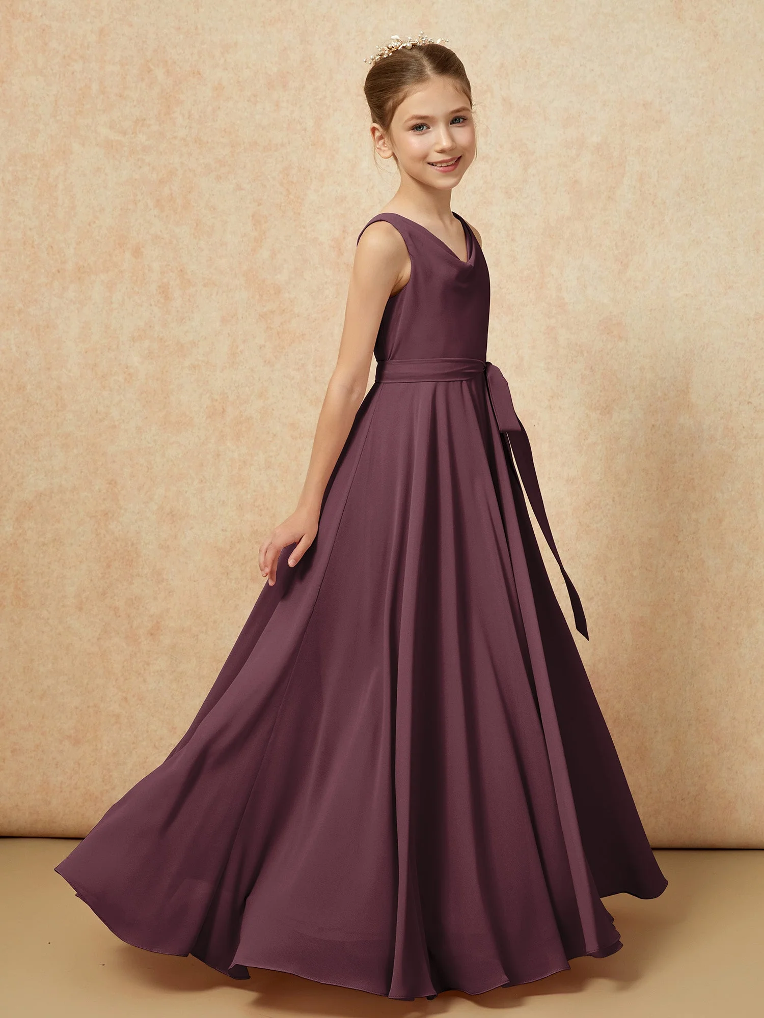 V-Ausschnitt Lang Chiffon Junge Brautjungfernkleider mit Gürtel Cabernet - Image 3