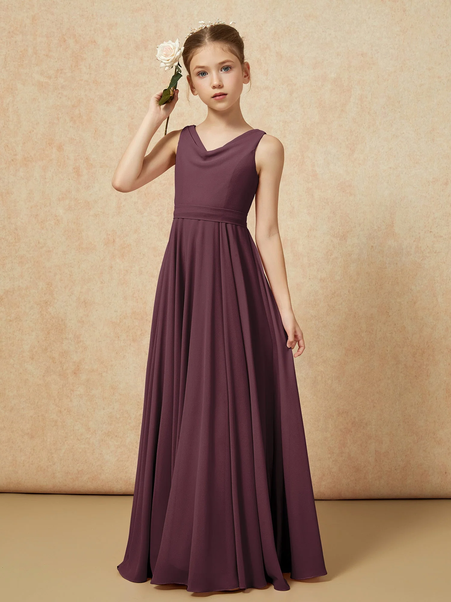 V-Ausschnitt Lang Chiffon Junge Brautjungfernkleider mit Gürtel Cabernet - Image 4