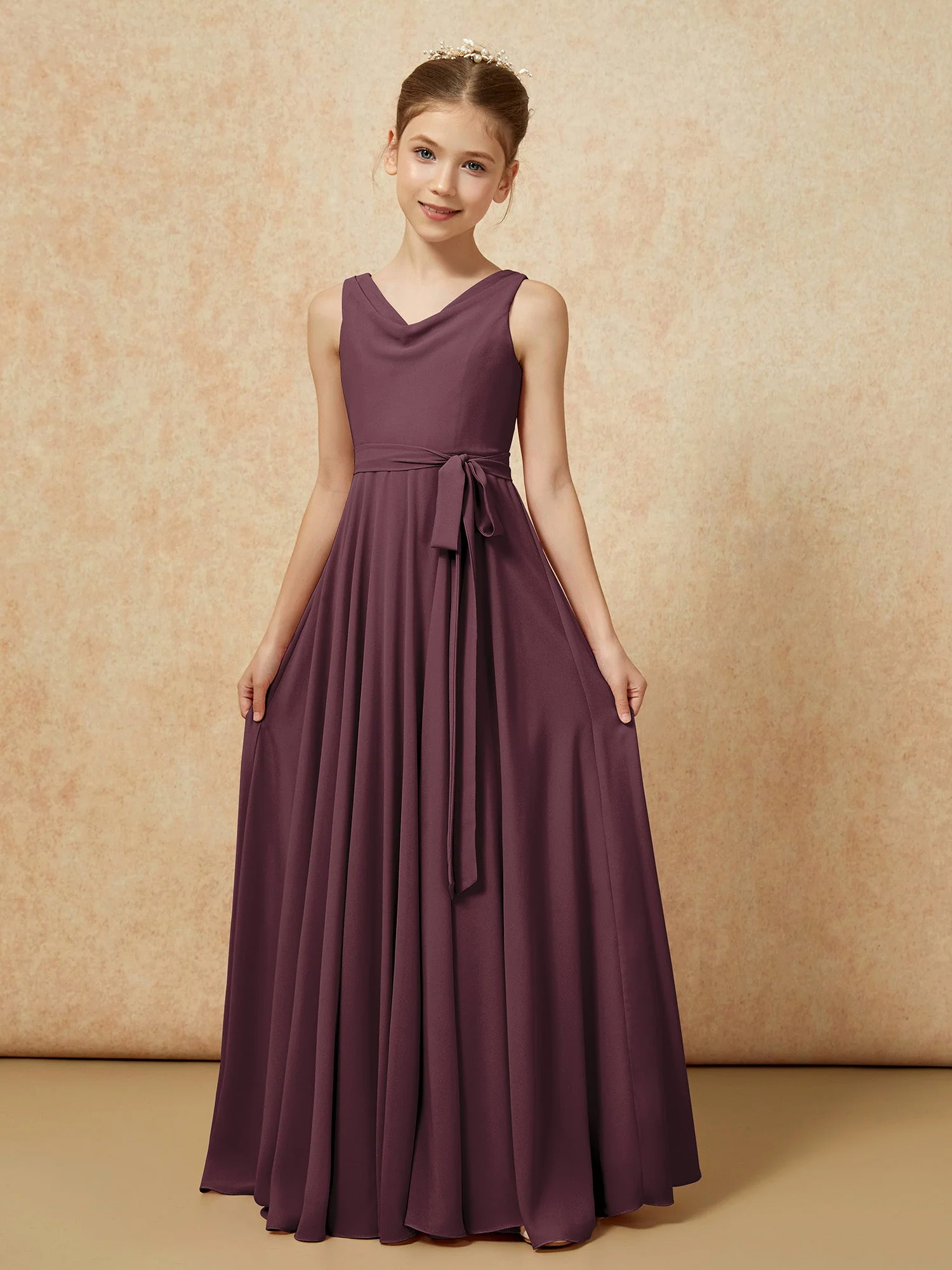 V-Ausschnitt Lang Chiffon Junge Brautjungfernkleider mit Gürtel Cabernet - Image 5