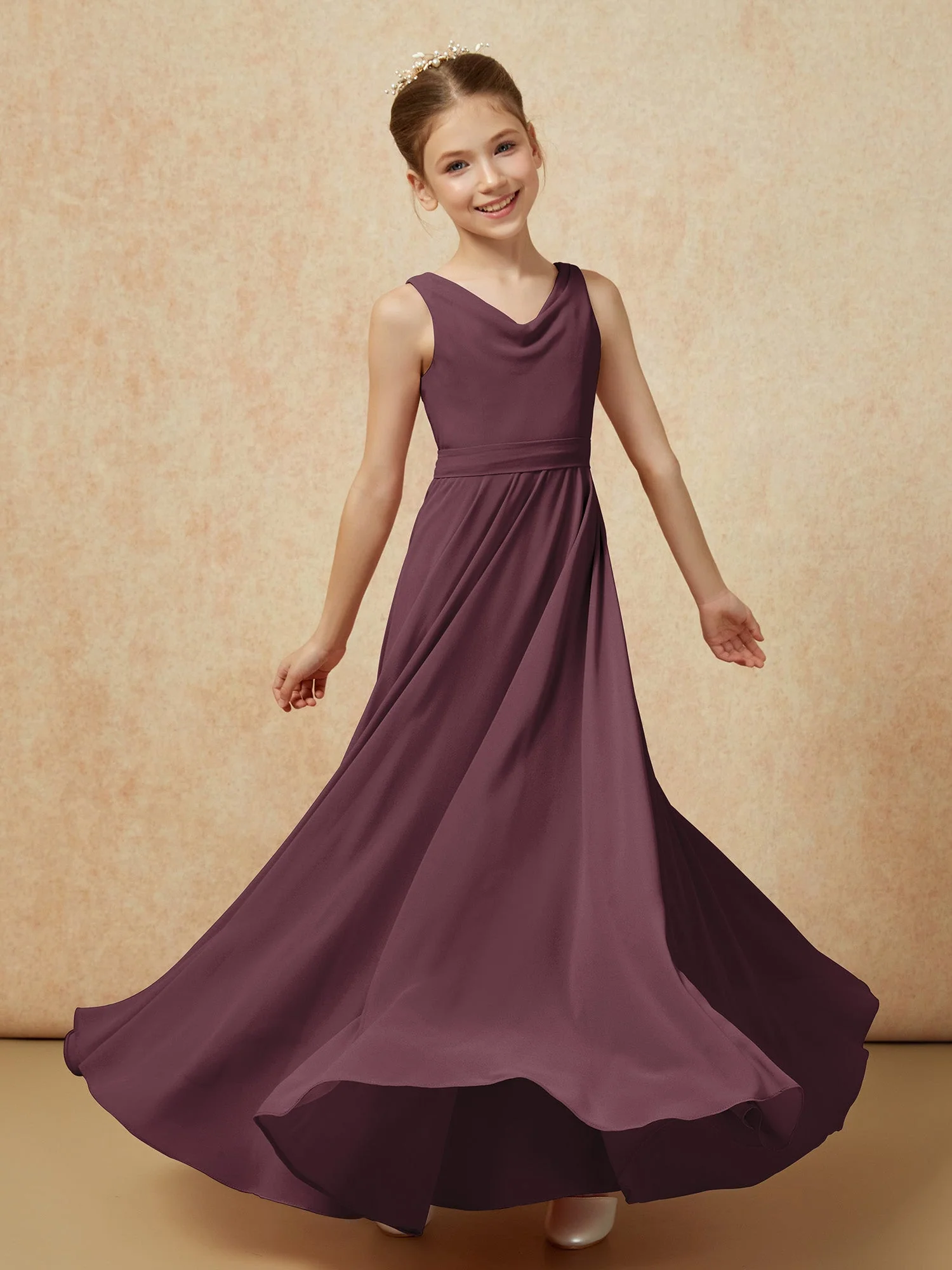 V-Ausschnitt Lang Chiffon Junge Brautjungfernkleider mit Gürtel Cabernet - Image 6