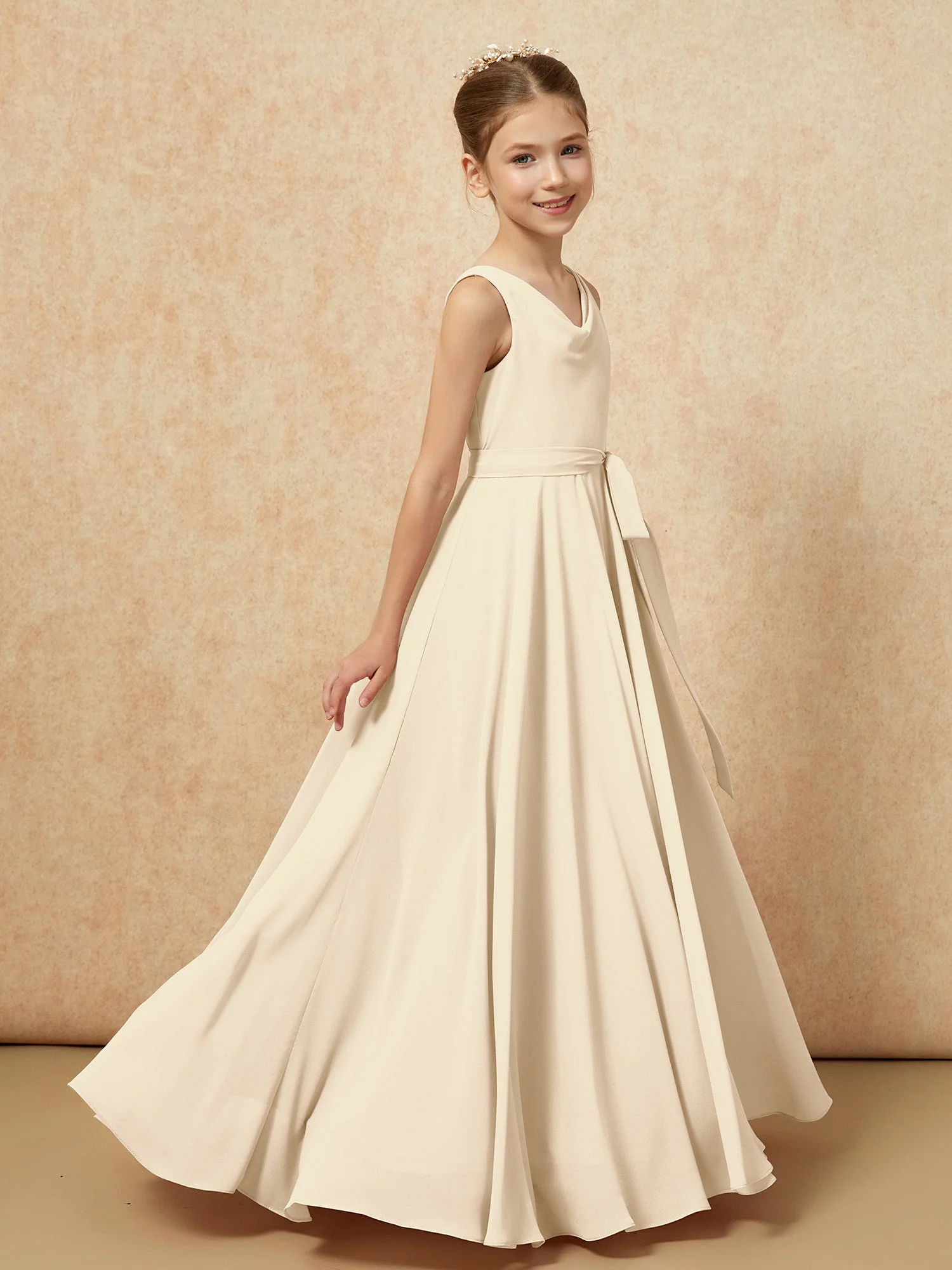V-Ausschnitt Lang Chiffon Junge Brautjungfernkleider mit Gürtel Champagner - Image 3