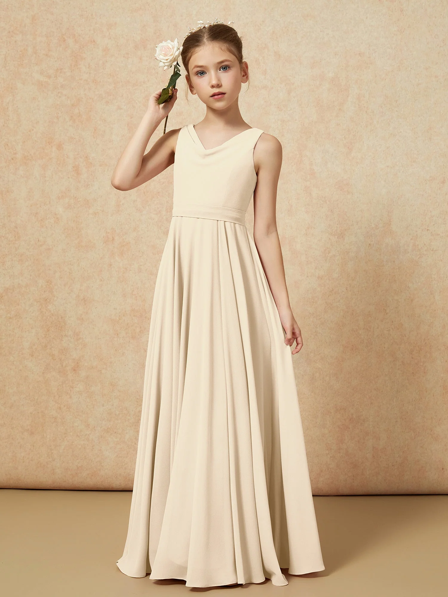 V-Ausschnitt Lang Chiffon Junge Brautjungfernkleider mit Gürtel Champagner - Image 4