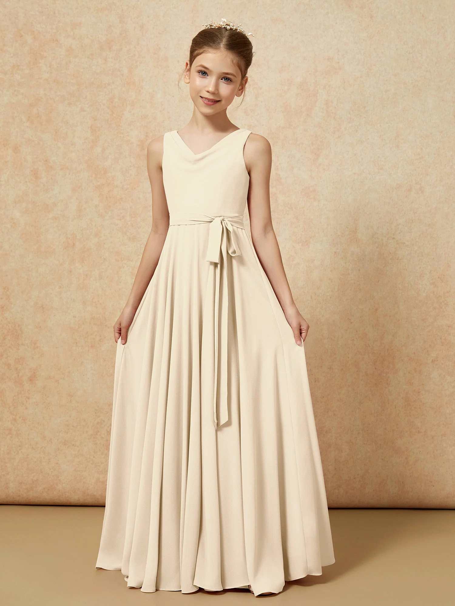 V-Ausschnitt Lang Chiffon Junge Brautjungfernkleider mit Gürtel Champagner - Image 5