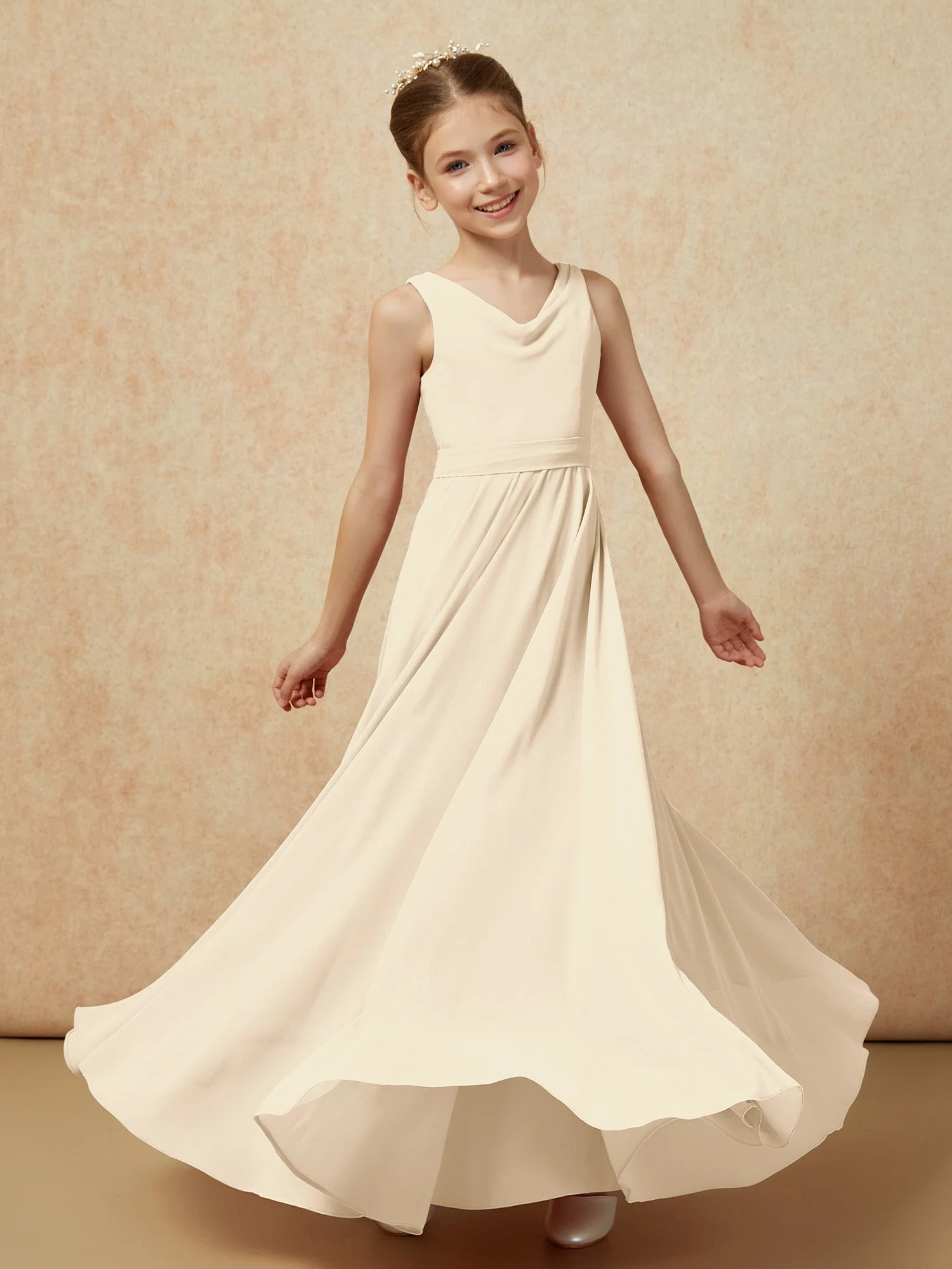 V-Ausschnitt Lang Chiffon Junge Brautjungfernkleider mit Gürtel Champagner - Image 6