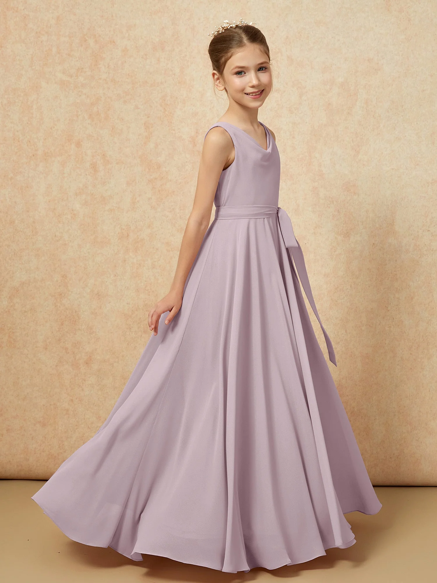 V-Ausschnitt Lang Chiffon Junge Brautjungfernkleider mit Gürtel Dämmerung - Image 3