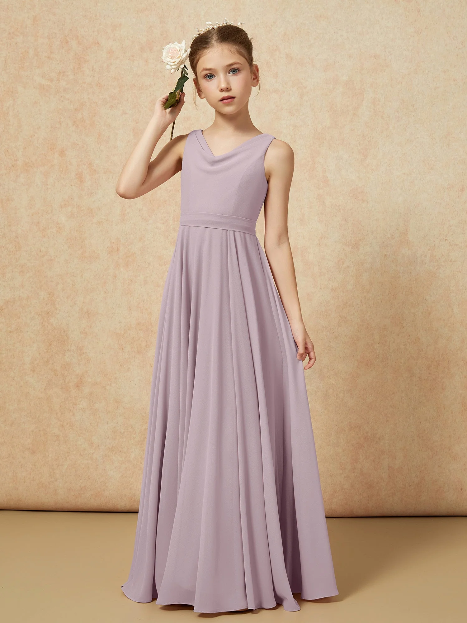 V-Ausschnitt Lang Chiffon Junge Brautjungfernkleider mit Gürtel Dämmerung - Image 4