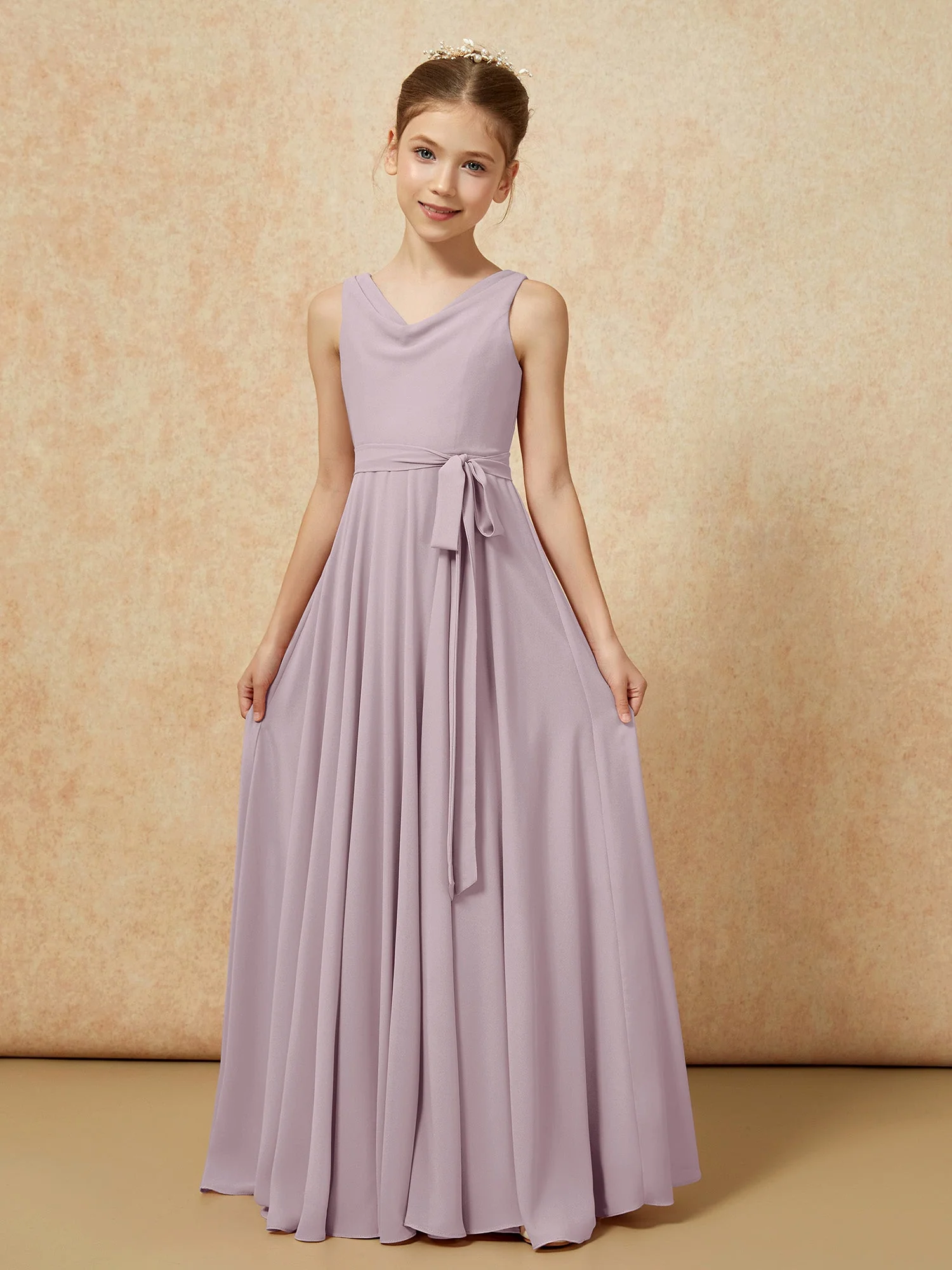 V-Ausschnitt Lang Chiffon Junge Brautjungfernkleider mit Gürtel Dämmerung - Image 5