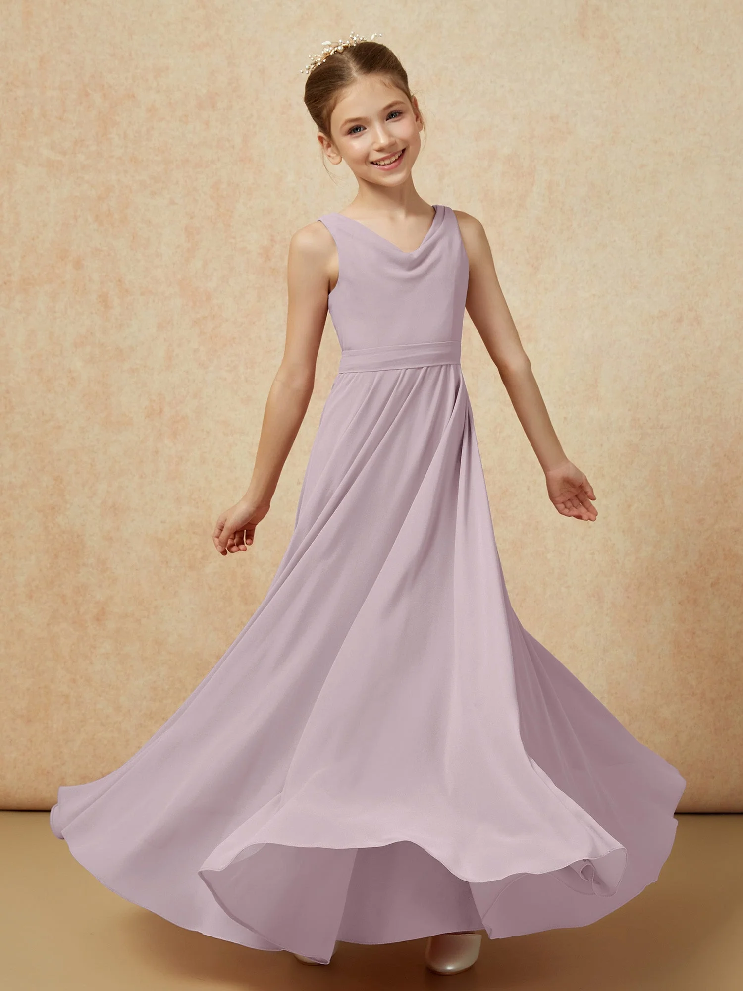 V-Ausschnitt Lang Chiffon Junge Brautjungfernkleider mit Gürtel Dämmerung - Image 6