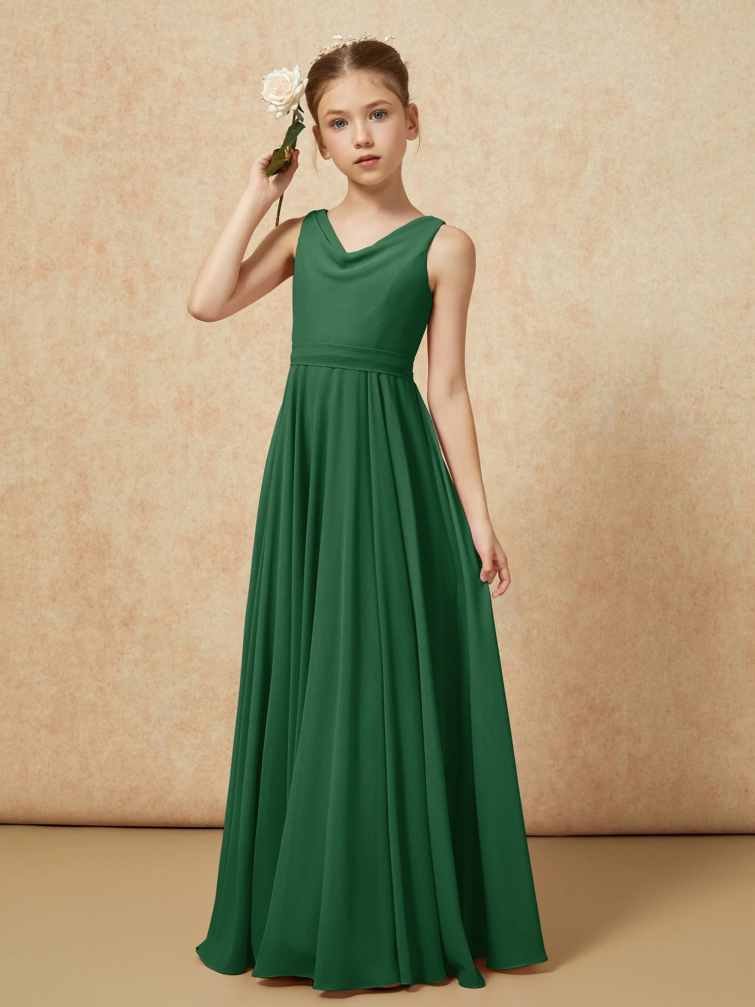 V-Ausschnitt Lang Chiffon Junge Brautjungfernkleider mit Gürtel Dunkelgrün - Image 4