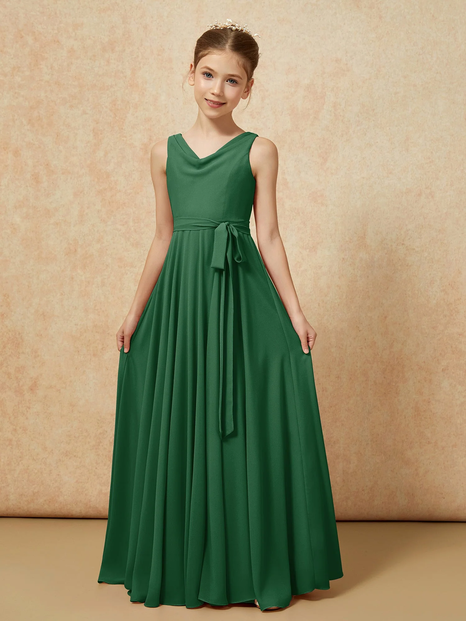V-Ausschnitt Lang Chiffon Junge Brautjungfernkleider mit Gürtel Dunkelgrün - Image 5