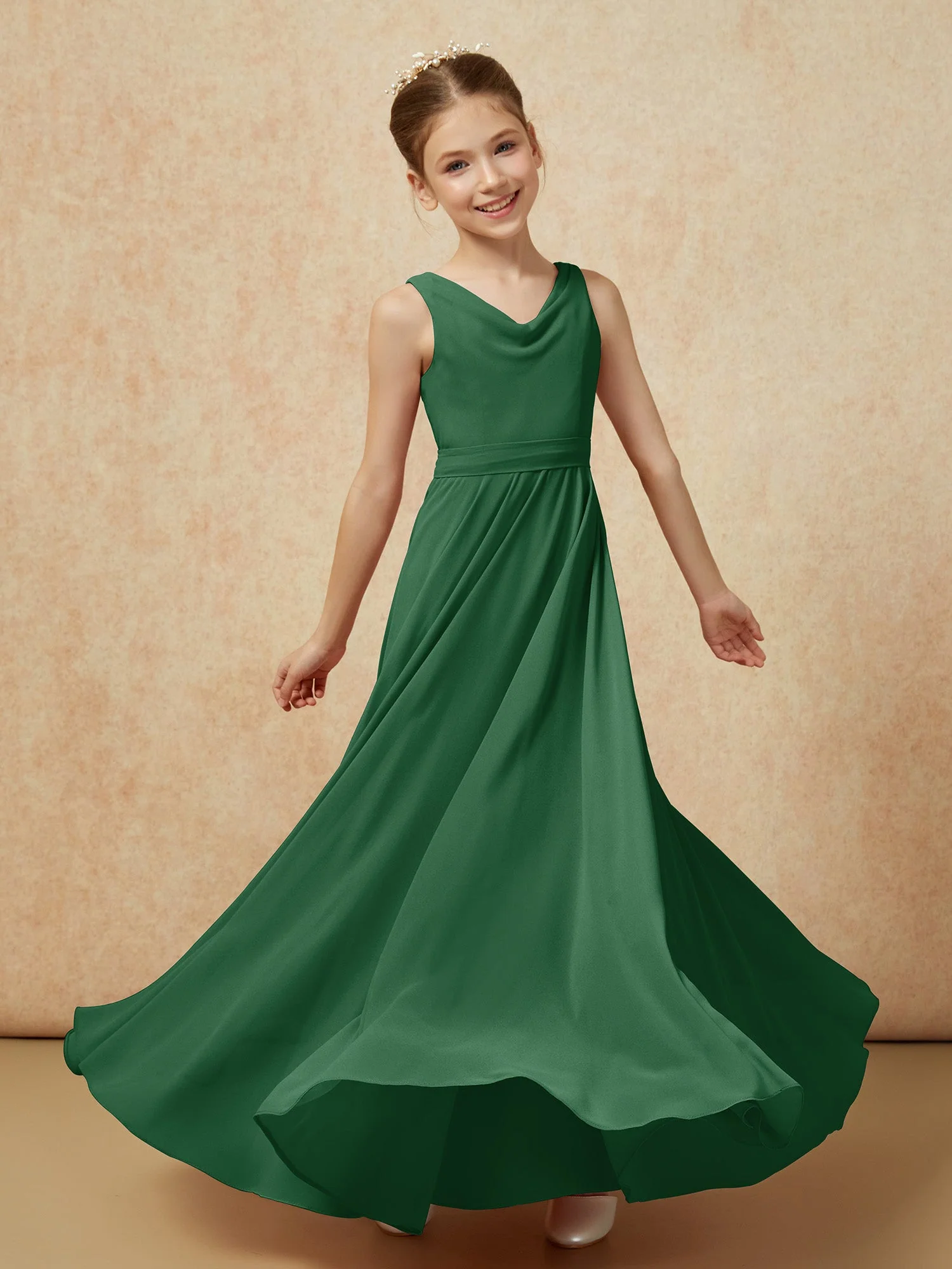 V-Ausschnitt Lang Chiffon Junge Brautjungfernkleider mit Gürtel Dunkelgrün - Image 6