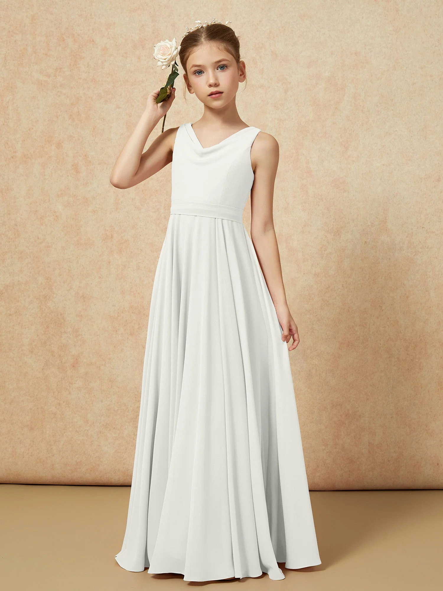 V-Ausschnitt Lang Chiffon Junge Brautjungfernkleider mit Gürtel Elfenbein - Image 4