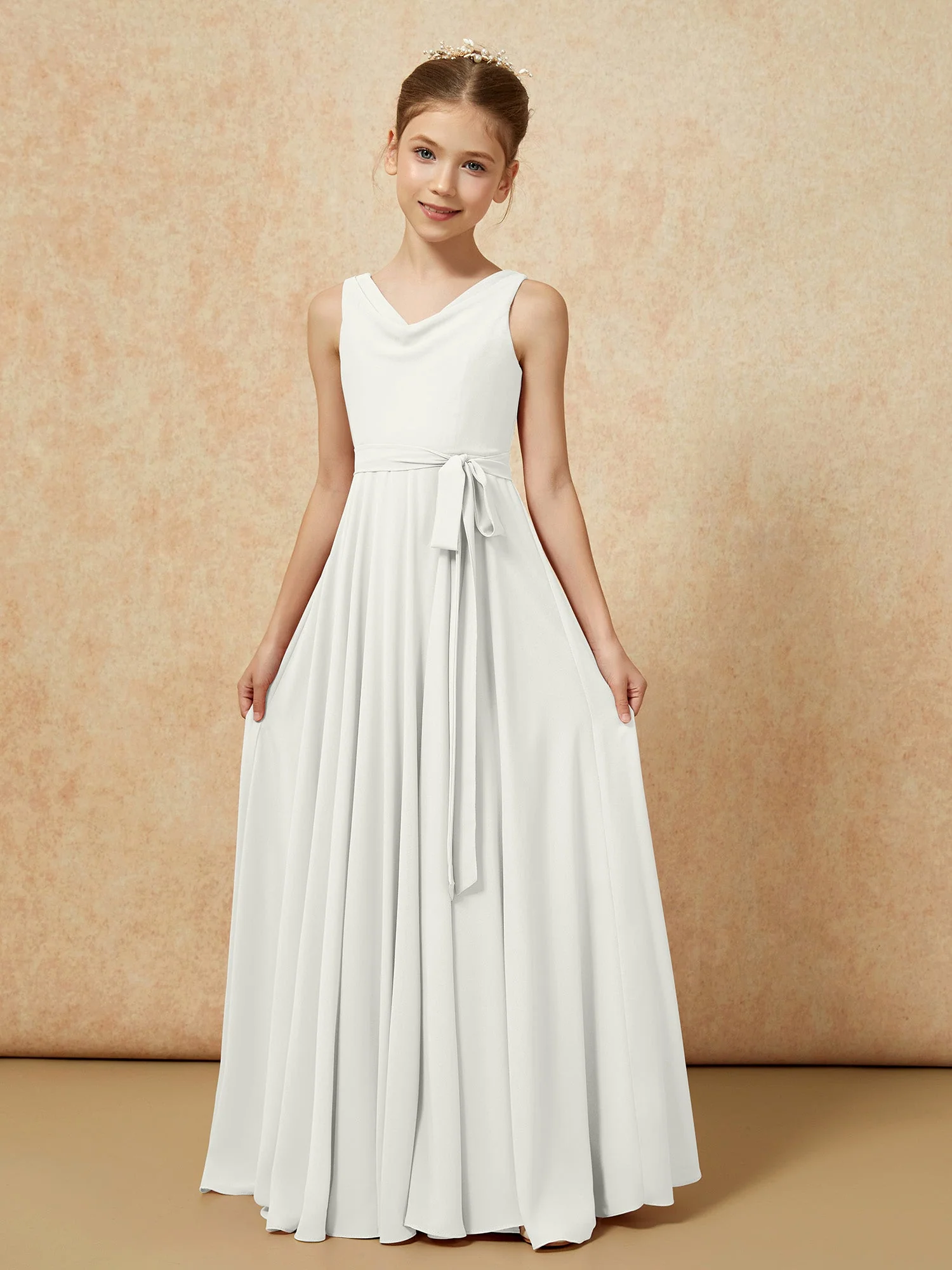 V-Ausschnitt Lang Chiffon Junge Brautjungfernkleider mit Gürtel Elfenbein - Image 5