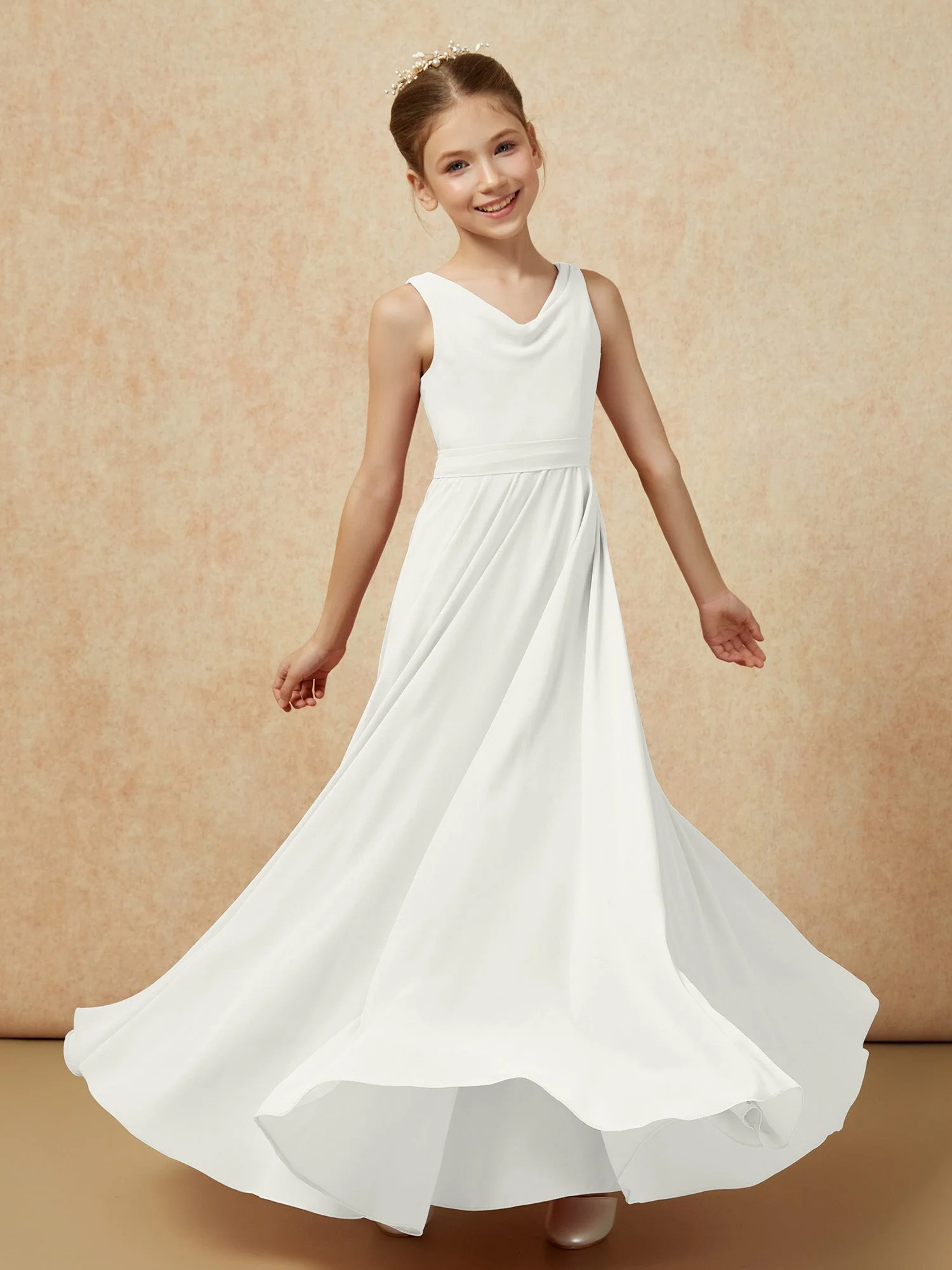 V-Ausschnitt Lang Chiffon Junge Brautjungfernkleider mit Gürtel Elfenbein - Image 6