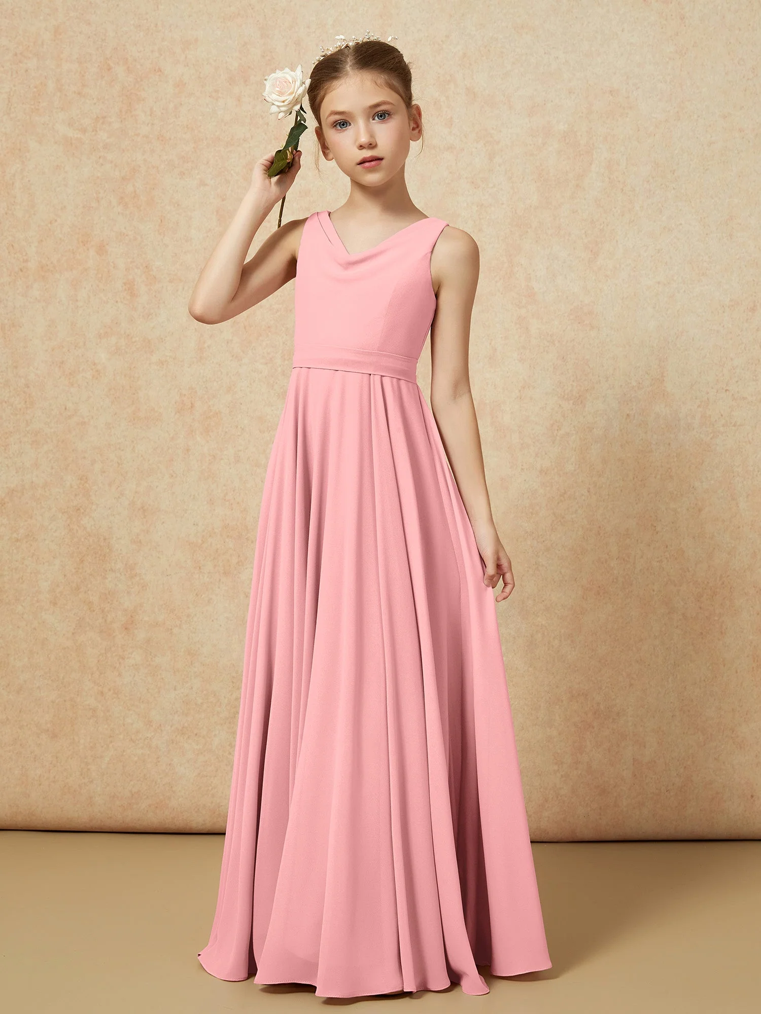V-Ausschnitt Lang Chiffon Junge Brautjungfernkleider mit Gürtel Flamingo - Image 4