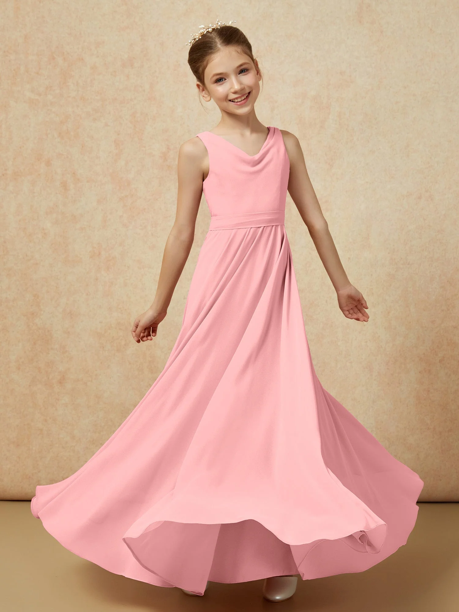 V-Ausschnitt Lang Chiffon Junge Brautjungfernkleider mit Gürtel Flamingo - Image 6