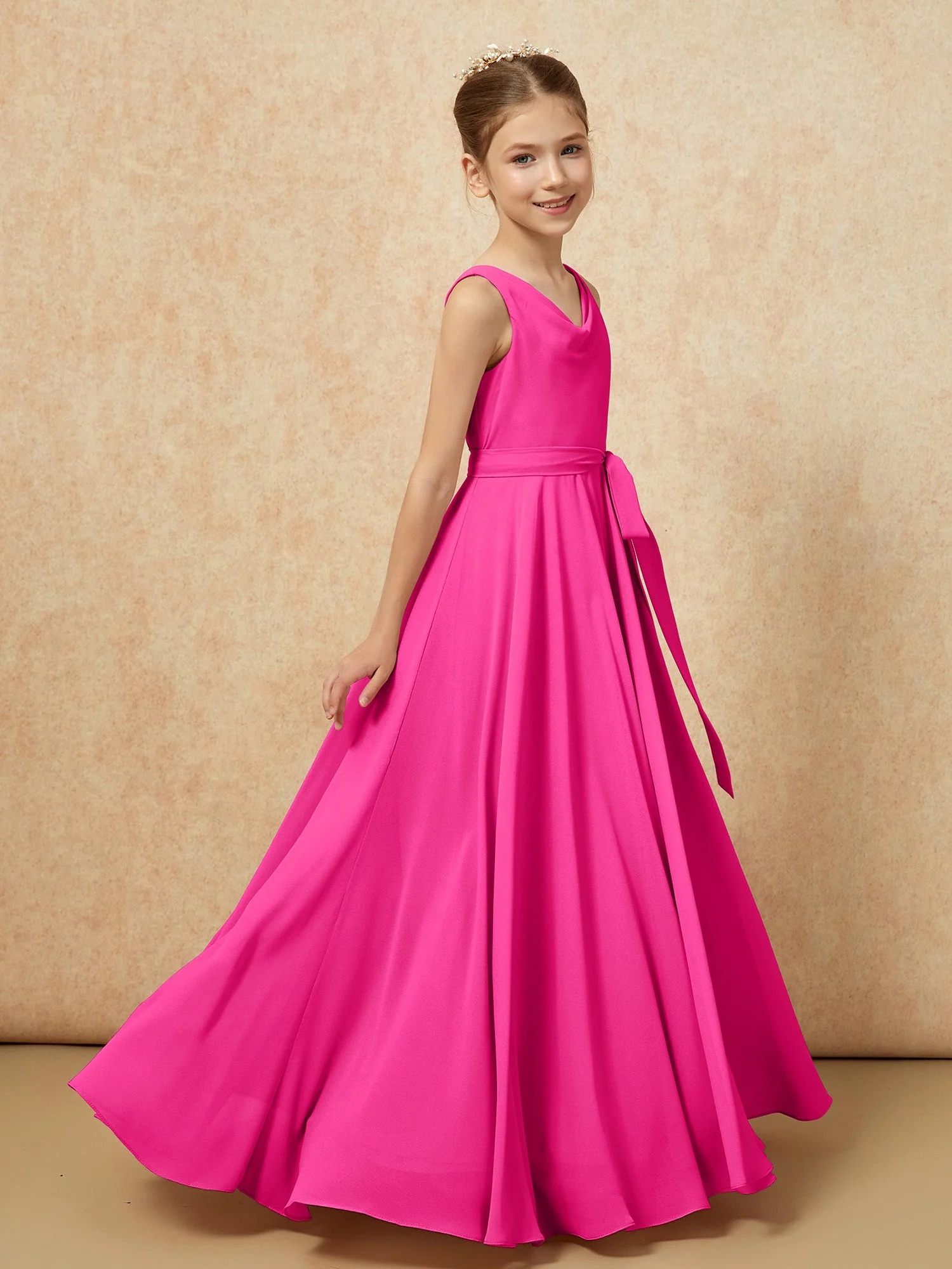 V-Ausschnitt Lang Chiffon Junge Brautjungfernkleider mit Gürtel Fuchsia - Image 3
