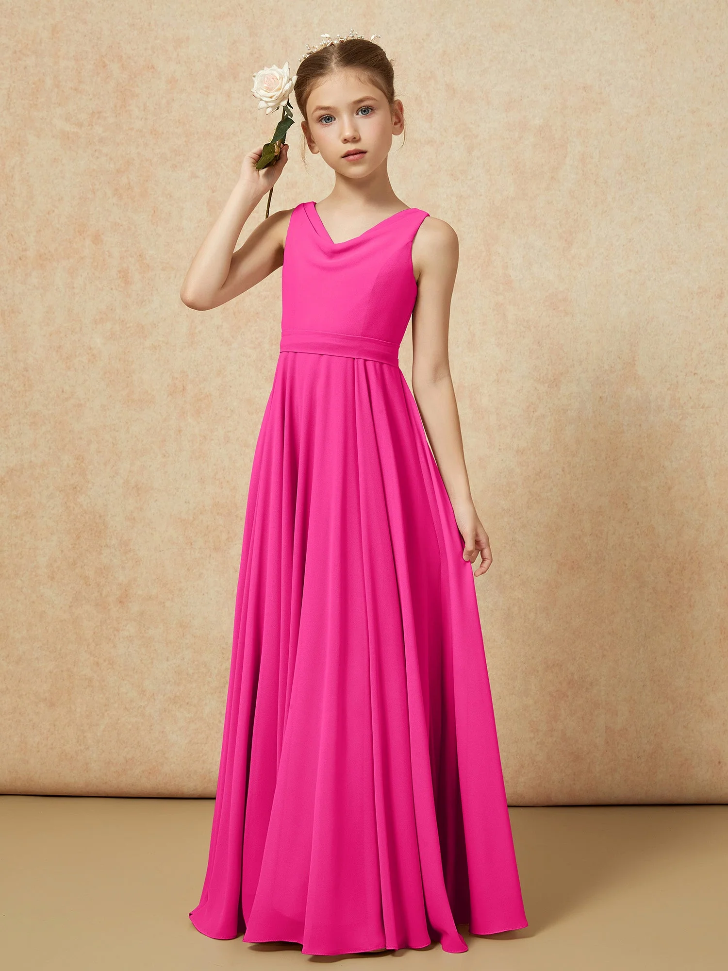 V-Ausschnitt Lang Chiffon Junge Brautjungfernkleider mit Gürtel Fuchsia - Image 4