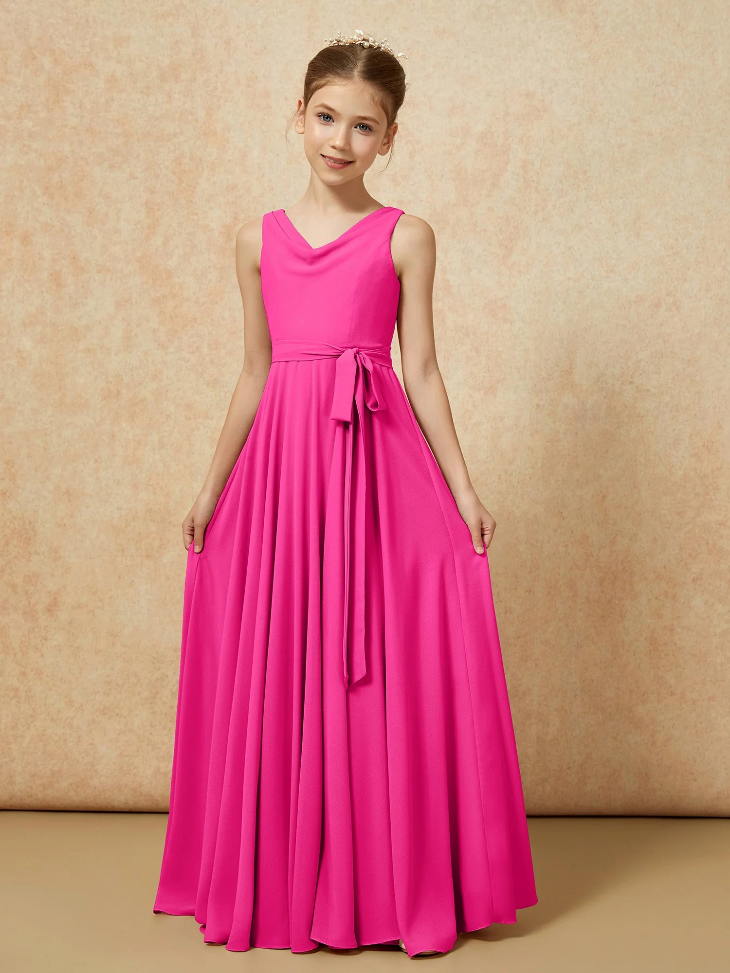 V-Ausschnitt Lang Chiffon Junge Brautjungfernkleider mit Gürtel Fuchsia - Image 5