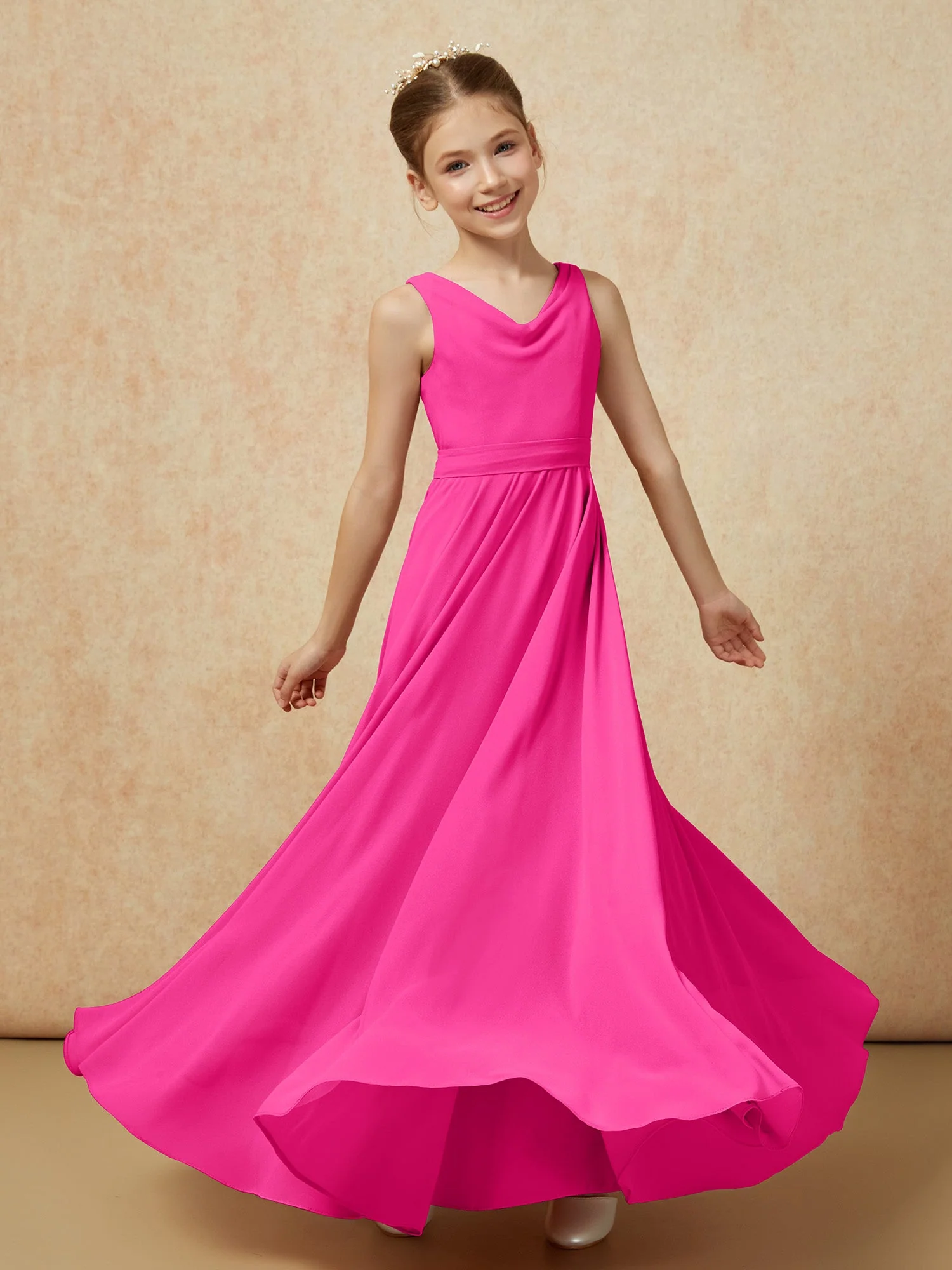 V-Ausschnitt Lang Chiffon Junge Brautjungfernkleider mit Gürtel Fuchsia - Image 6