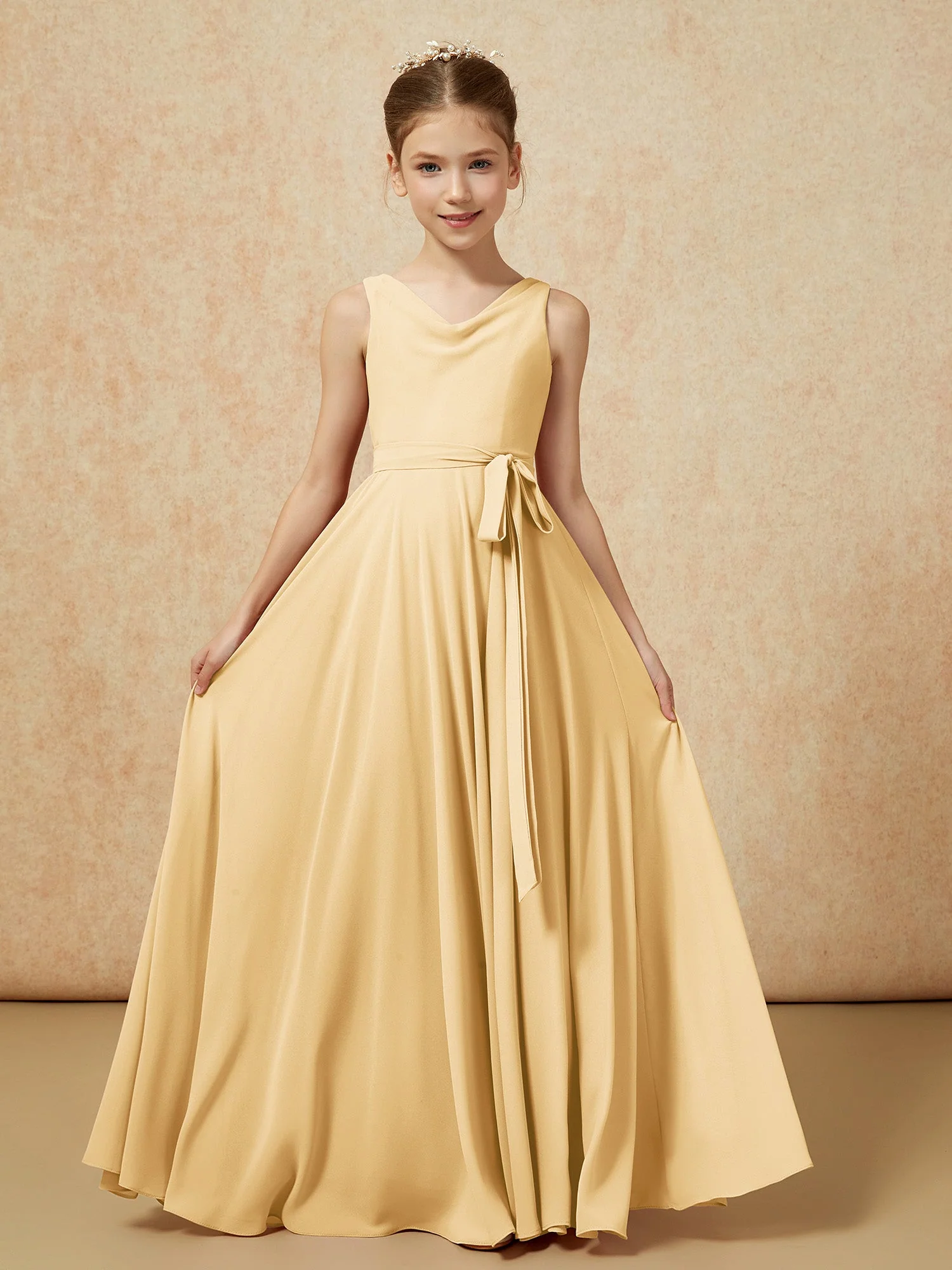 V-Ausschnitt Lang Chiffon Junge Brautjungfernkleider mit Gürtel Gold