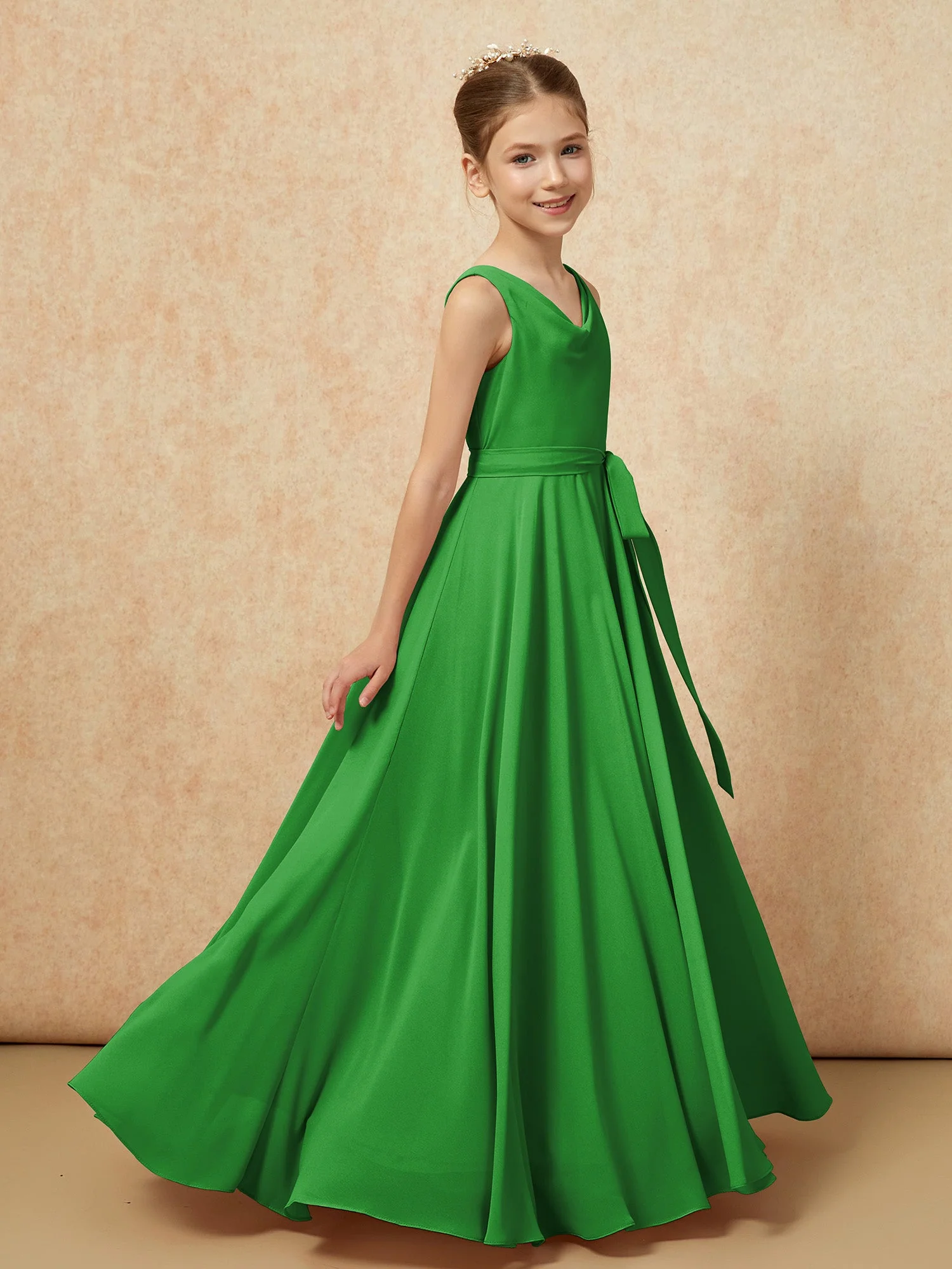 V-Ausschnitt Lang Chiffon Junge Brautjungfernkleider mit Gürtel Grün - Image 3