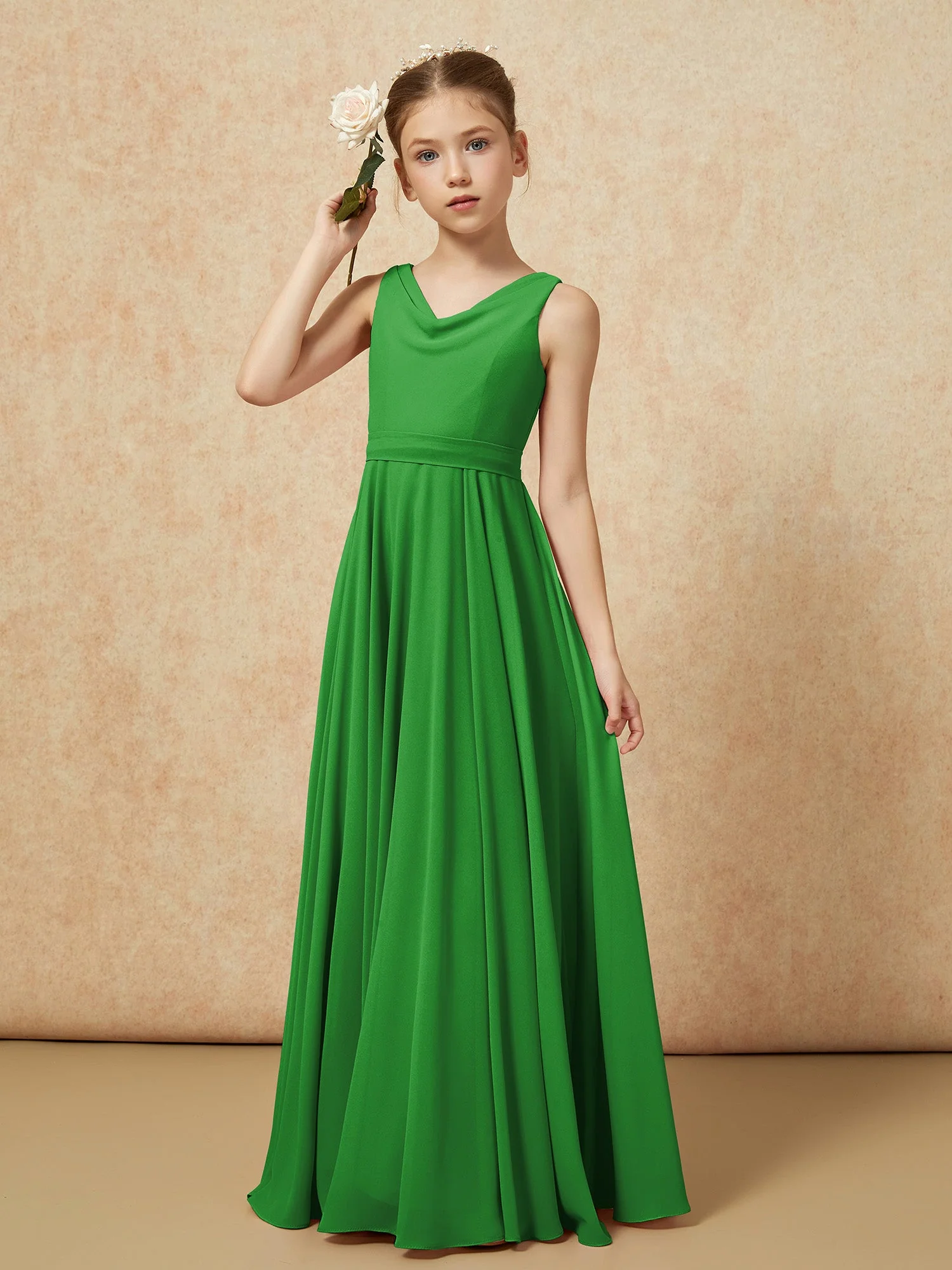 V-Ausschnitt Lang Chiffon Junge Brautjungfernkleider mit Gürtel Grün - Image 4