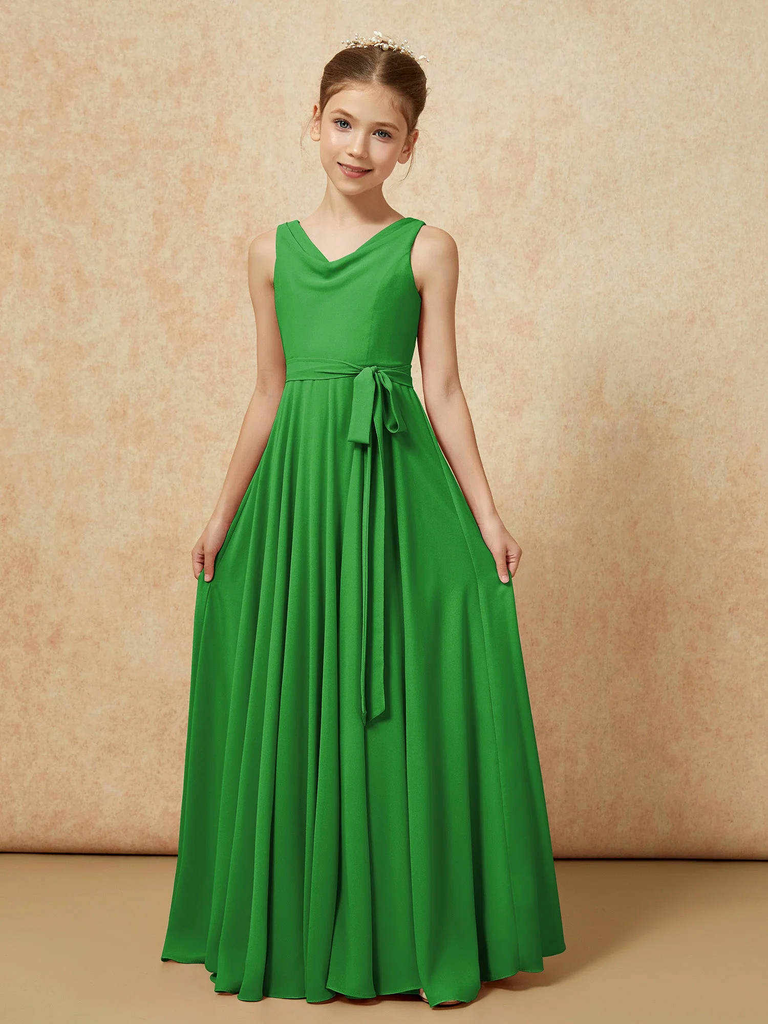 V-Ausschnitt Lang Chiffon Junge Brautjungfernkleider mit Gürtel Grün - Image 5