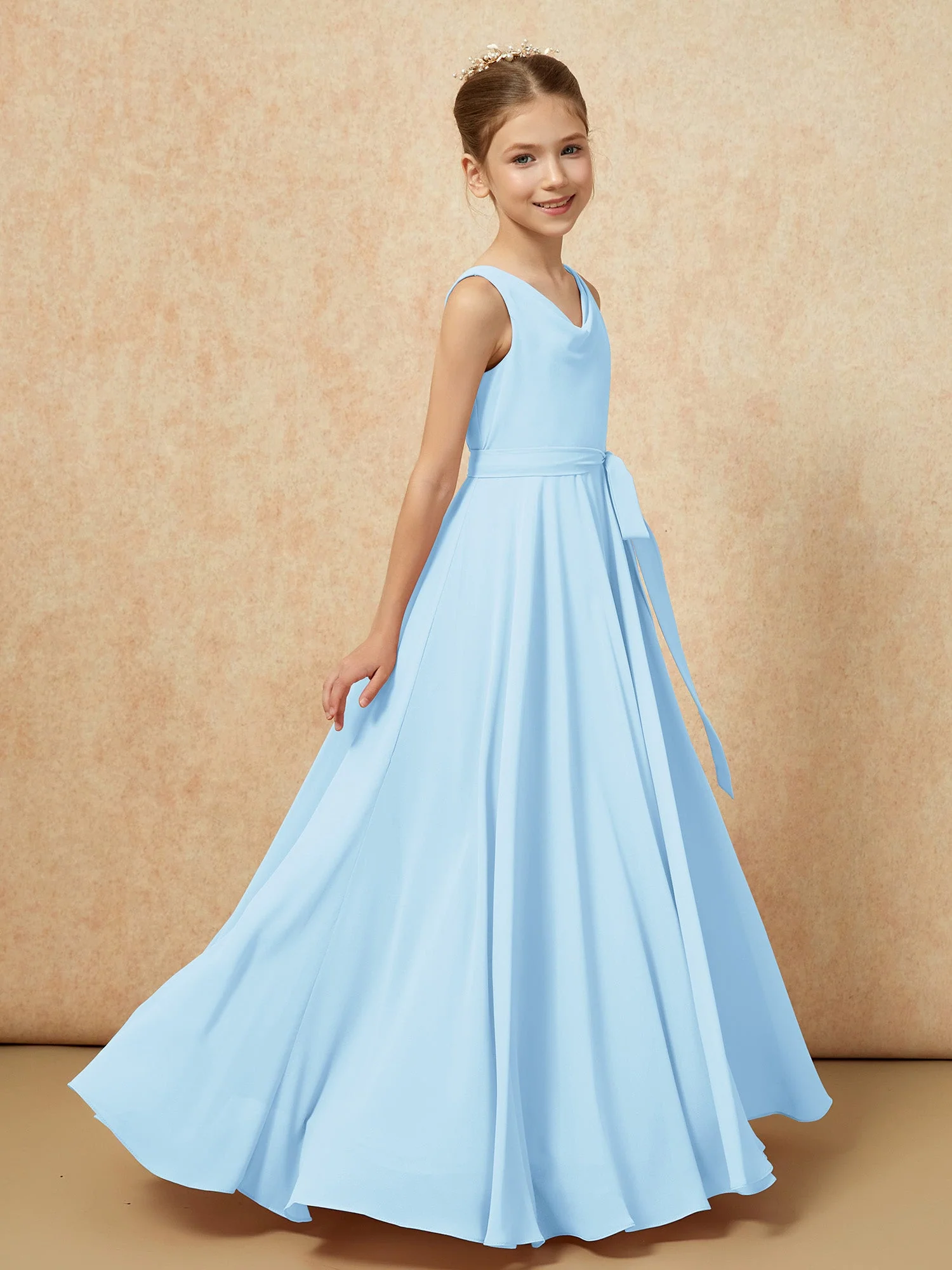 V-Ausschnitt Lang Chiffon Junge Brautjungfernkleider mit Gürtel Himmelblau - Image 3